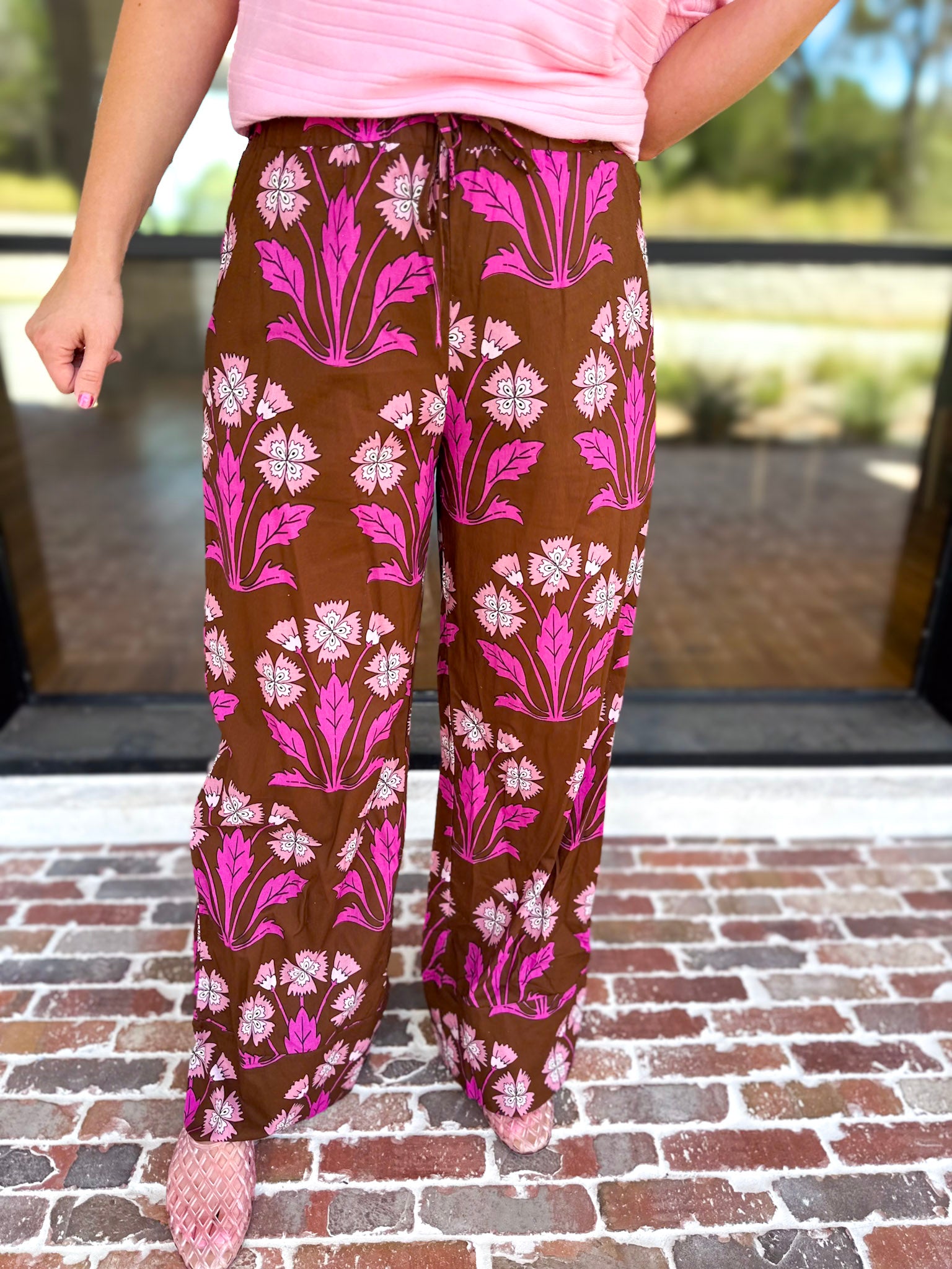 Pink & Chocolate Floral Drawstring Pants-400 Pants-TCEC-July & June Women's Fashion Boutique Located in San Antonio, Texas