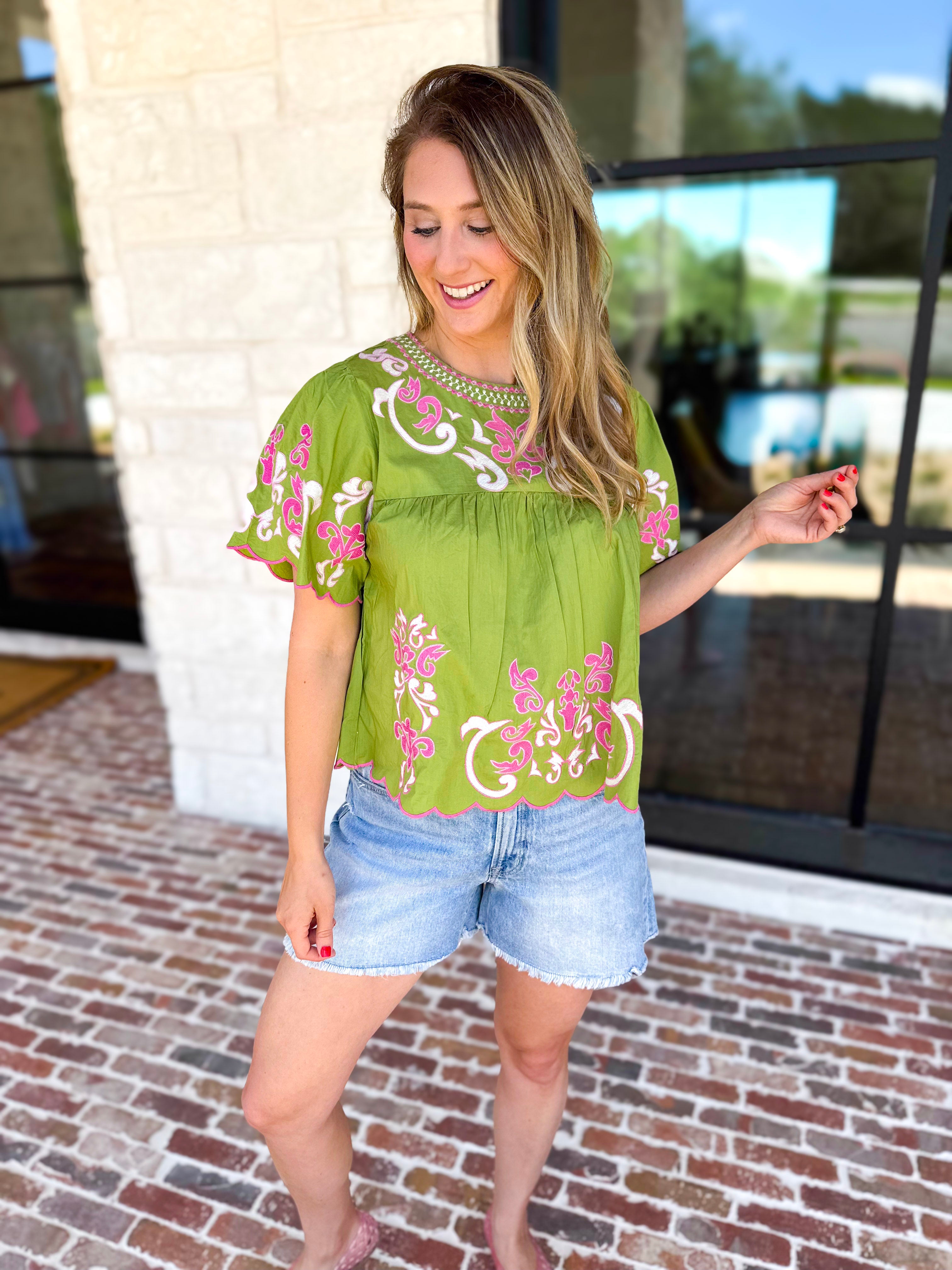 THML - Scalloped Sweetheart Blouse - Chartreuse-200 Fashion Blouses-THML-July & June Women's Fashion Boutique Located in San Antonio, Texas