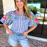 THML - Blue Gingham & Floral Embroidered Blouse-200 Fashion Blouses-THML-July & June Women's Fashion Boutique Located in San Antonio, Texas
