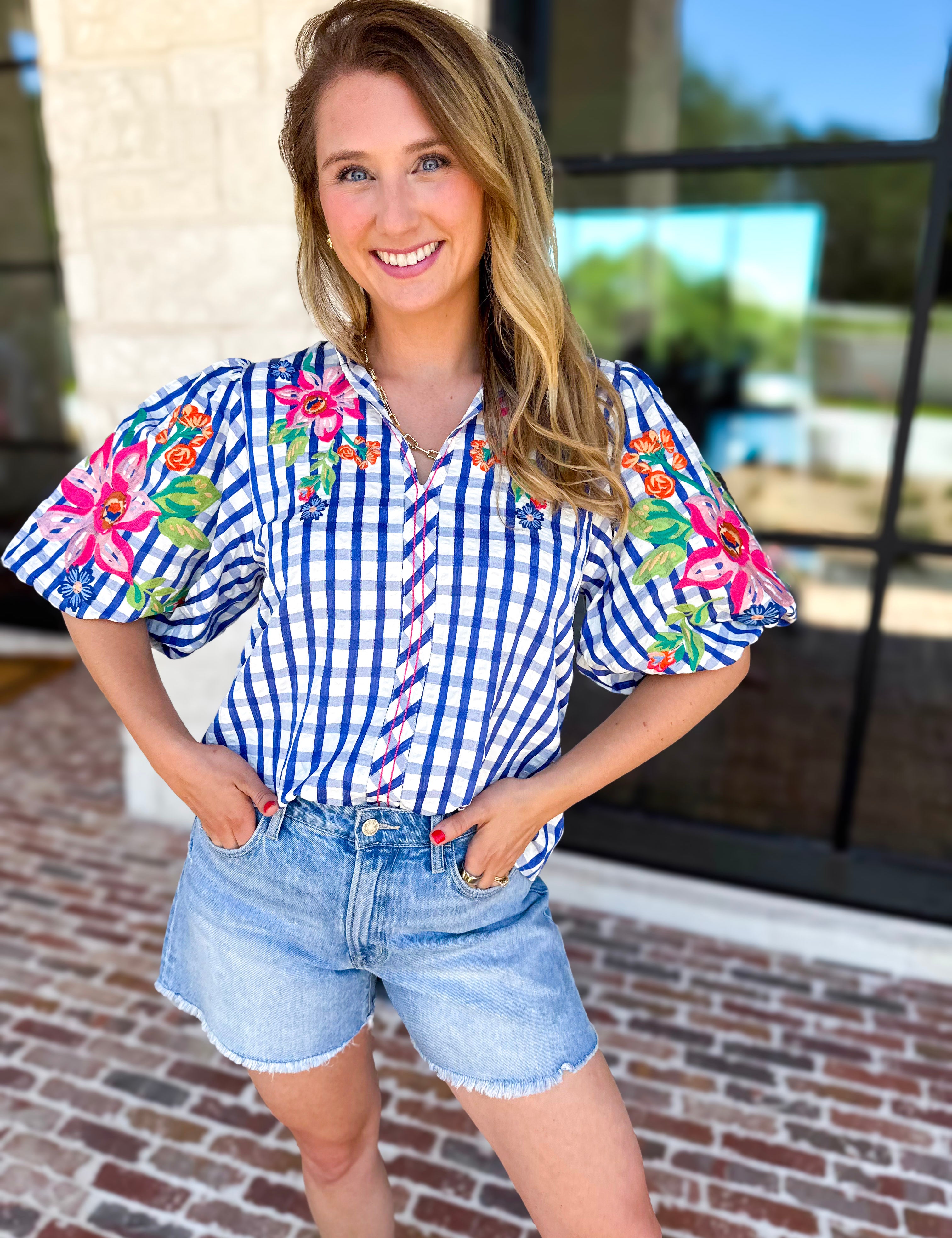 THML - Blue Gingham & Floral Embroidered Blouse-200 Fashion Blouses-THML-July & June Women's Fashion Boutique Located in San Antonio, Texas