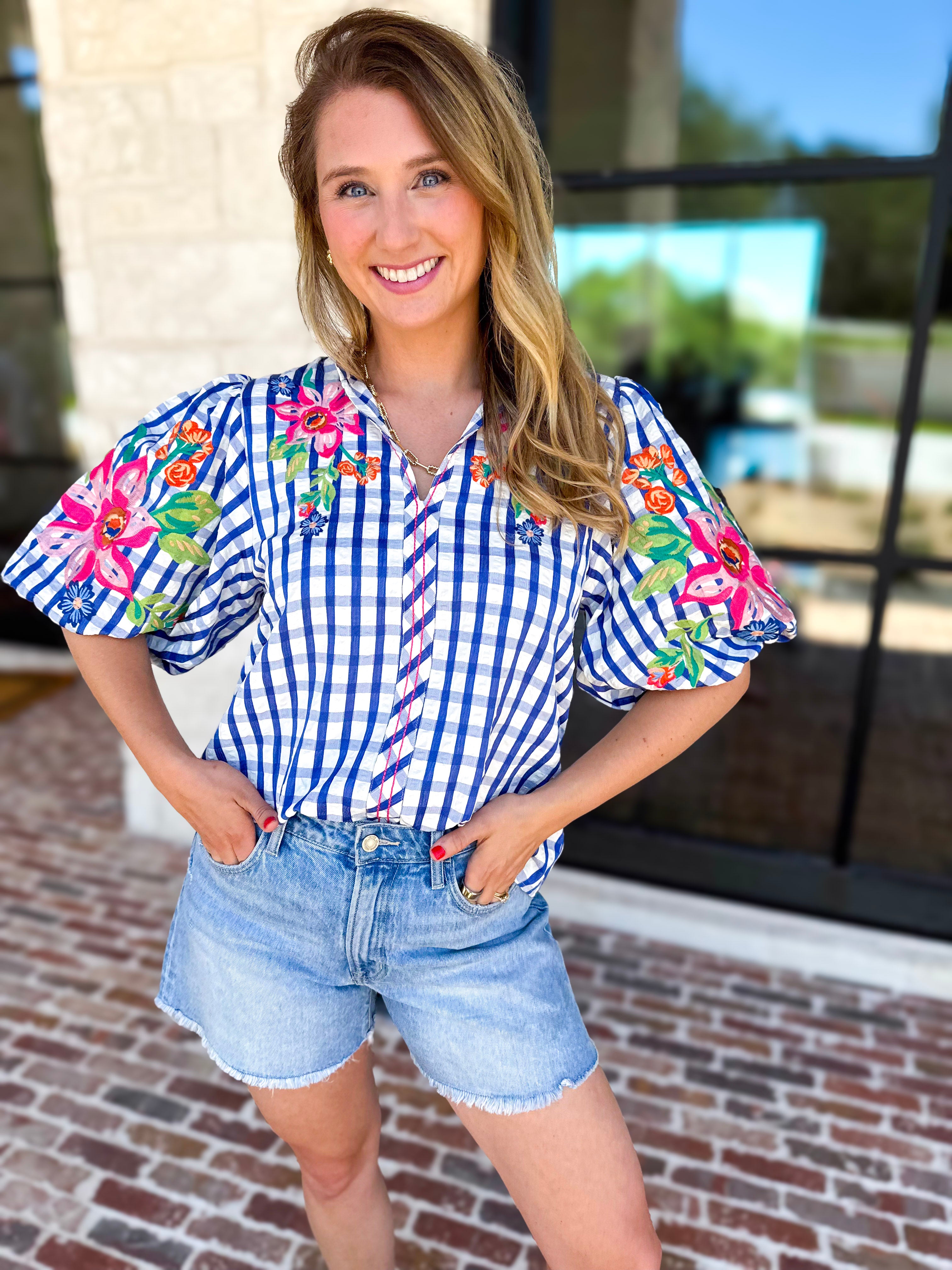 THML - Blue Gingham & Floral Embroidered Blouse-200 Fashion Blouses-THML-July & June Women's Fashion Boutique Located in San Antonio, Texas