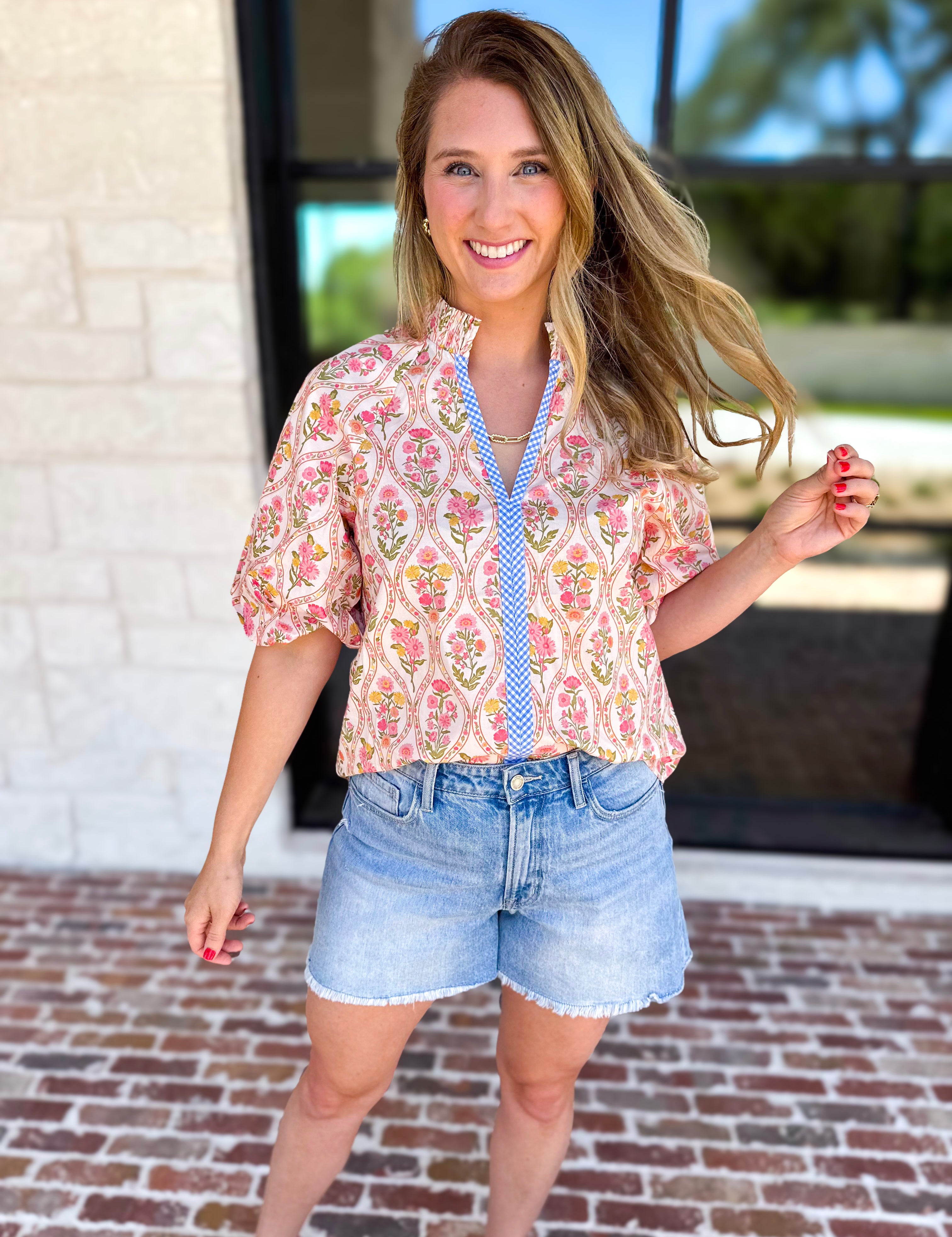 THML - Pink & Yellow Florals Blouse-200 Fashion Blouses-THML-July & June Women's Fashion Boutique Located in San Antonio, Texas