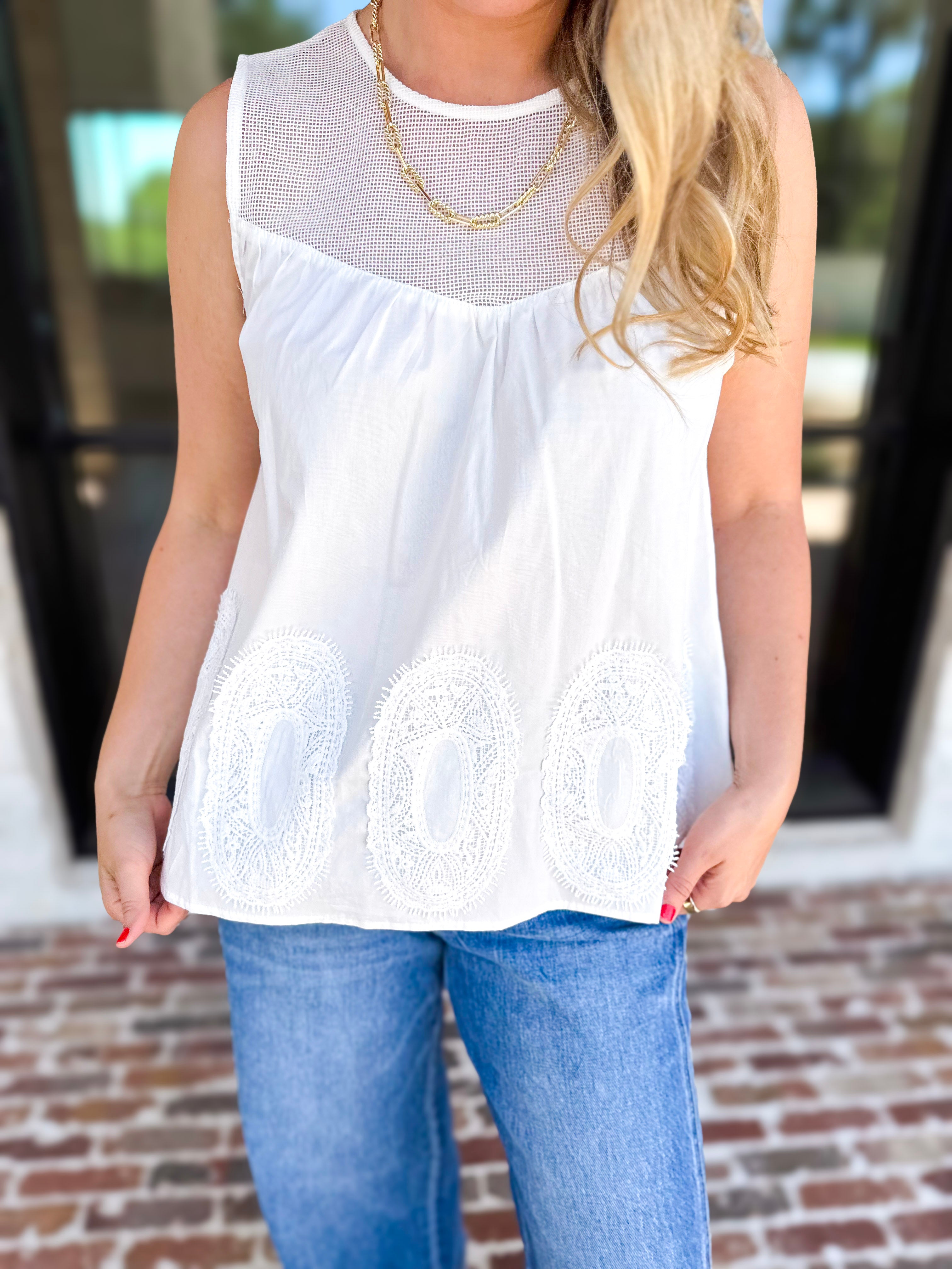 Sheer Details Tank - White-200 Fashion Blouses-FATE-July & June Women's Fashion Boutique Located in San Antonio, Texas