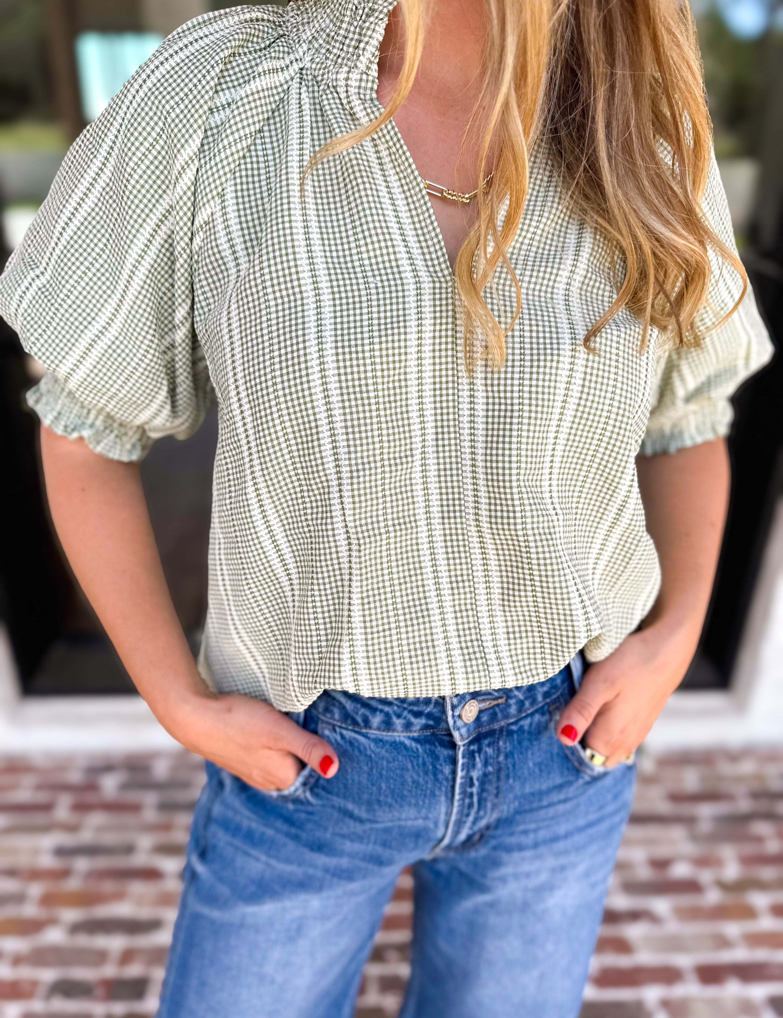 Sage Picnic Blouse-200 Fashion Blouses-JODIFL-July & June Women's Fashion Boutique Located in San Antonio, Texas