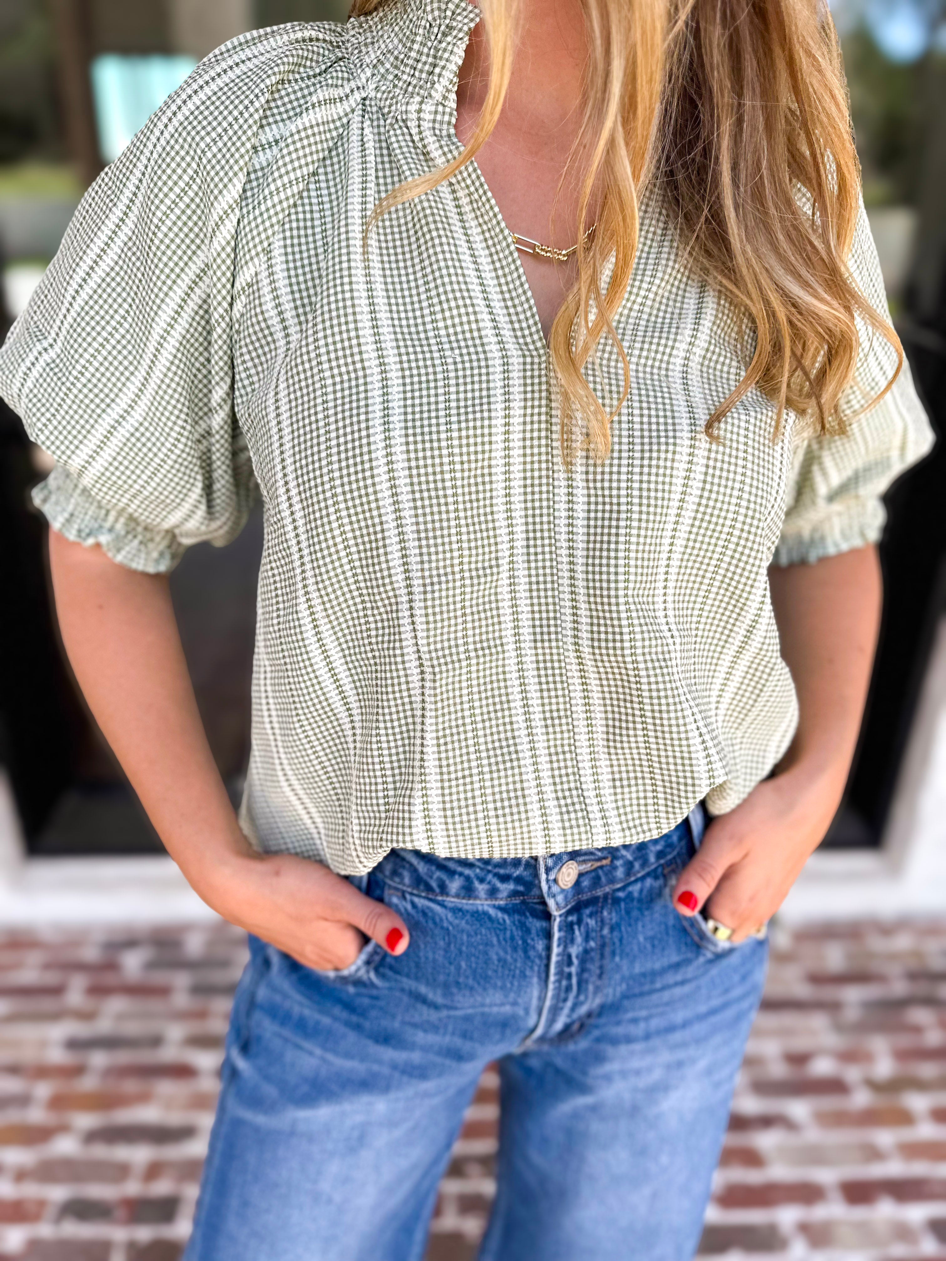Sage Picnic Blouse-200 Fashion Blouses-JODIFL-July & June Women's Fashion Boutique Located in San Antonio, Texas