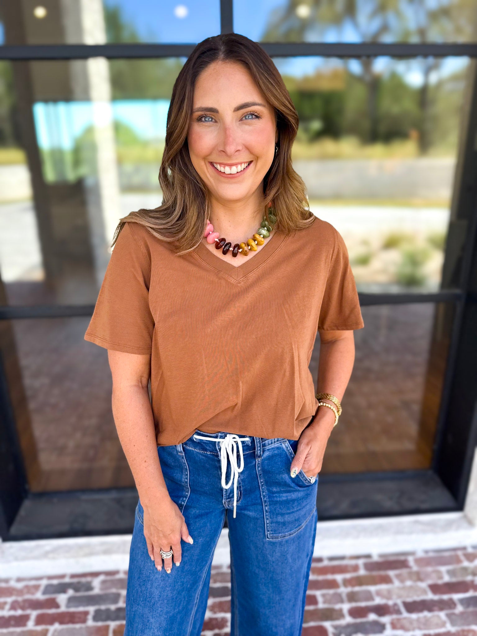 Everyday Essential V-Neck Tee - Honey-210 Casual Blouses-MONO B-July & June Women's Fashion Boutique Located in San Antonio, Texas