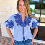 THML - Classic Blue Embroidered Blouse-200 Fashion Blouses-THML-July & June Women's Fashion Boutique Located in San Antonio, Texas