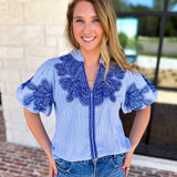 THML - Classic Blue Embroidered Blouse-200 Fashion Blouses-THML-July & June Women's Fashion Boutique Located in San Antonio, Texas