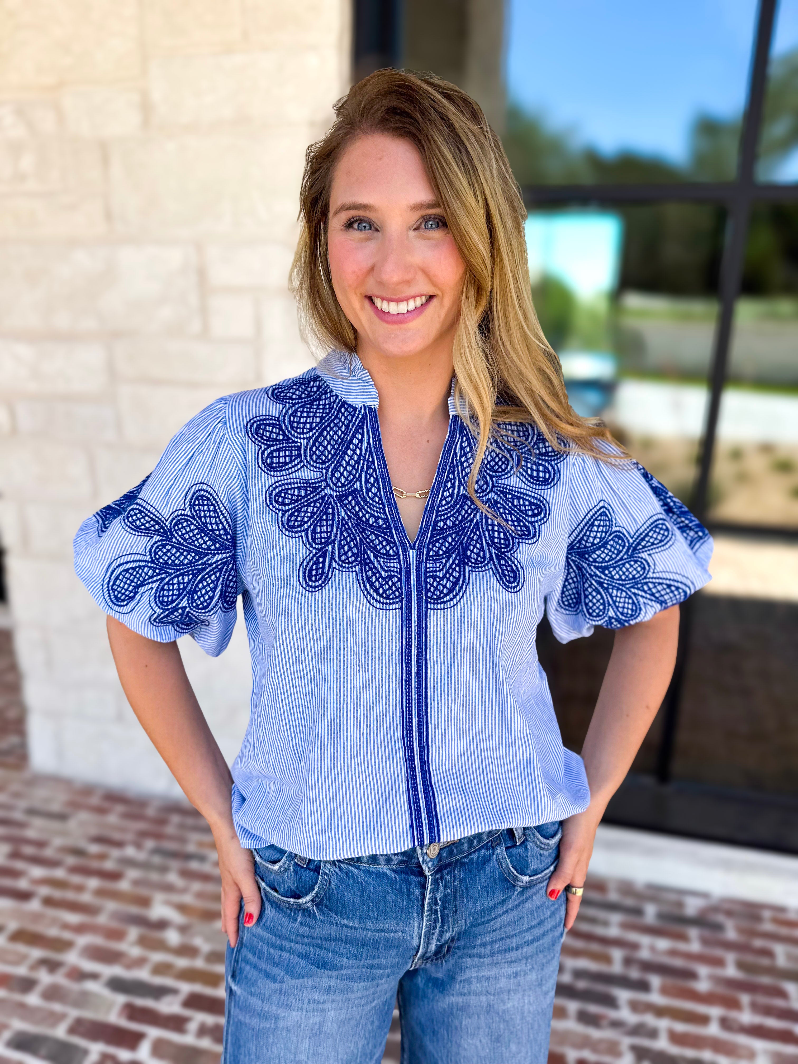 THML - Classic Blue Embroidered Blouse-200 Fashion Blouses-THML-July & June Women's Fashion Boutique Located in San Antonio, Texas