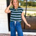 Green & Blue Varsity Short Sleeve Cardigan-230 Sweaters/Cardis-ENTRO-July & June Women's Fashion Boutique Located in San Antonio, Texas
