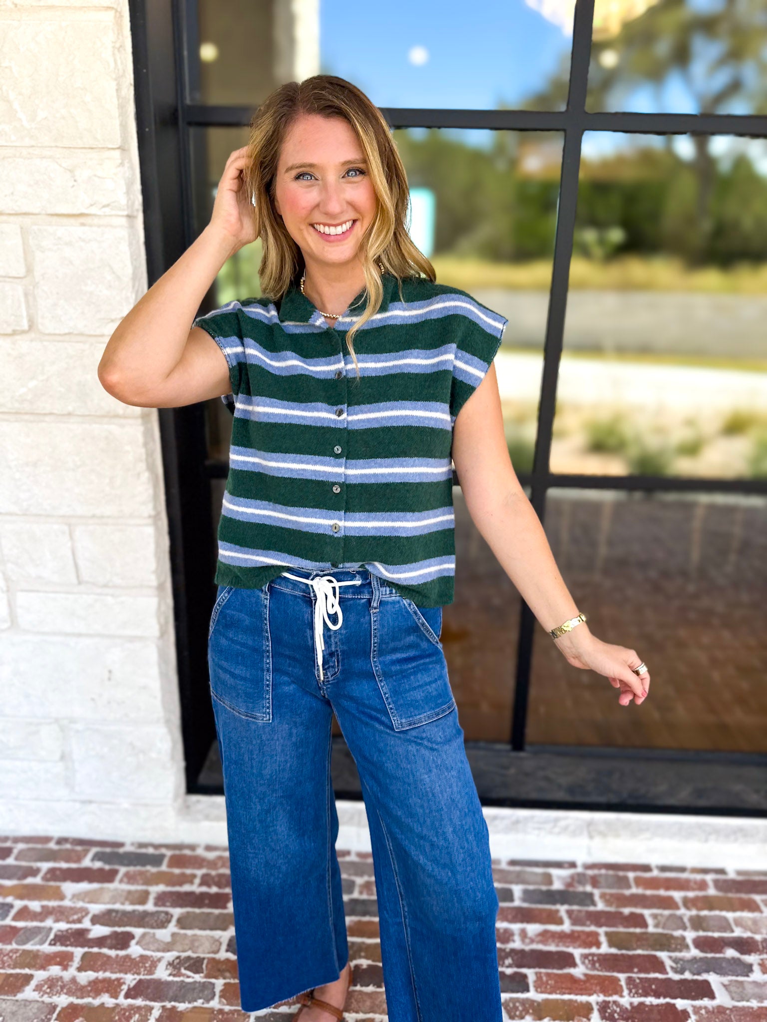 Green & Blue Varsity Short Sleeve Cardigan-230 Sweaters/Cardis-ENTRO-July & June Women's Fashion Boutique Located in San Antonio, Texas