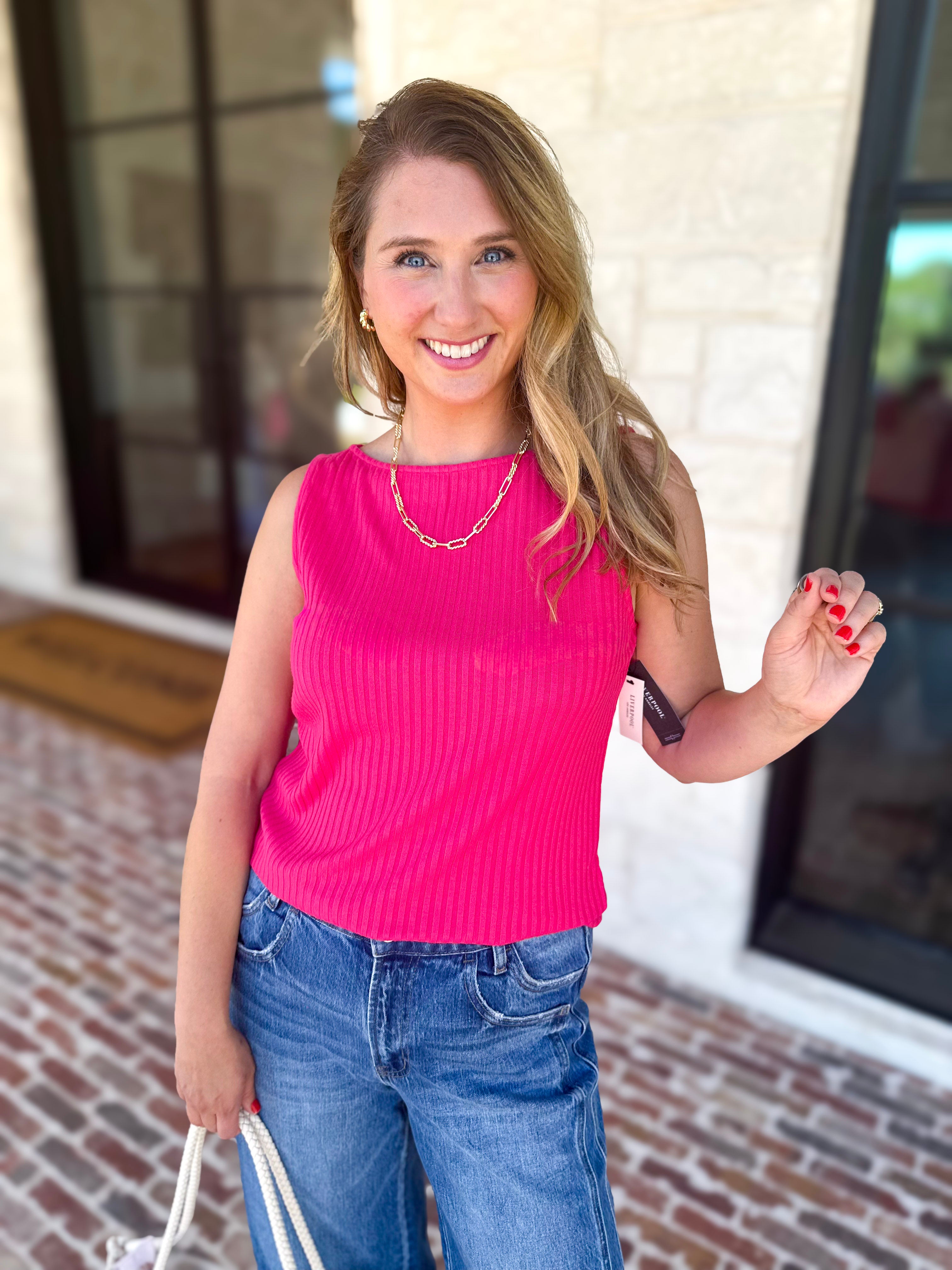 Liverpool - Hot Pink Boatneck Knit Top-200 Fashion Blouses-LIVERPOOL JEANS COMPANY-July & June Women's Fashion Boutique Located in San Antonio, Texas