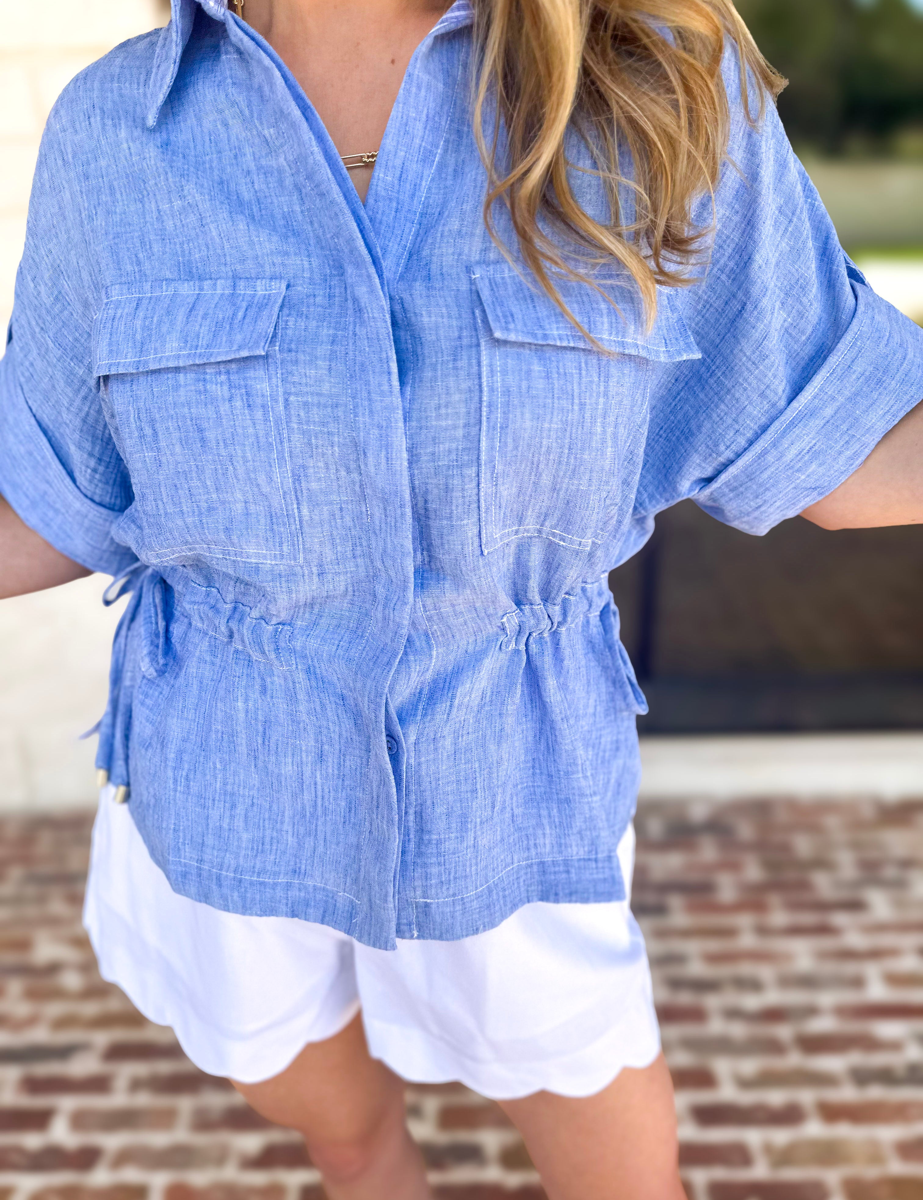Light Blue Utility Blouse-200 Fashion Blouses-SKIES ARE BLUE-July & June Women's Fashion Boutique Located in San Antonio, Texas