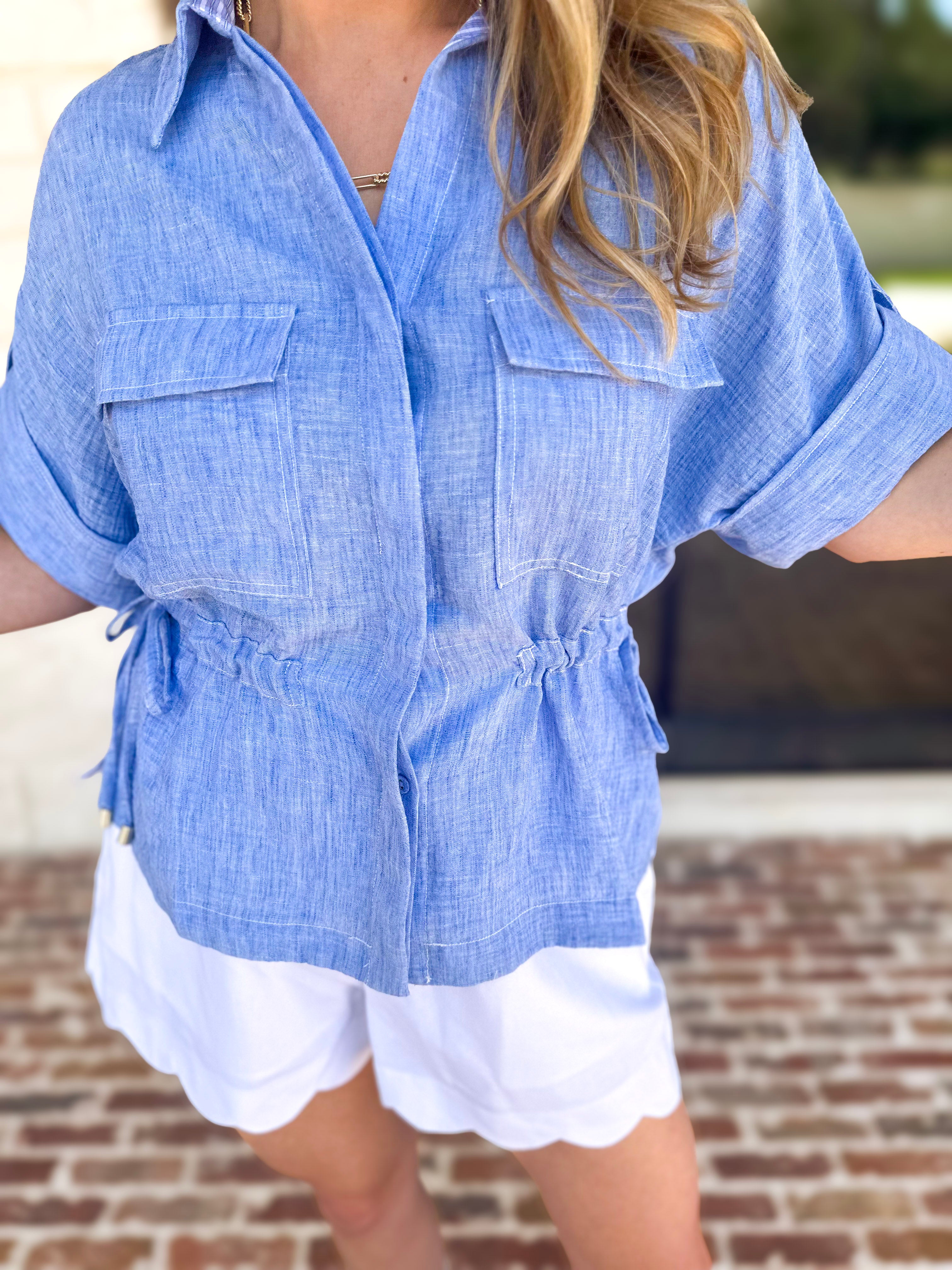 Light Blue Utility Blouse-200 Fashion Blouses-SKIES ARE BLUE-July & June Women's Fashion Boutique Located in San Antonio, Texas