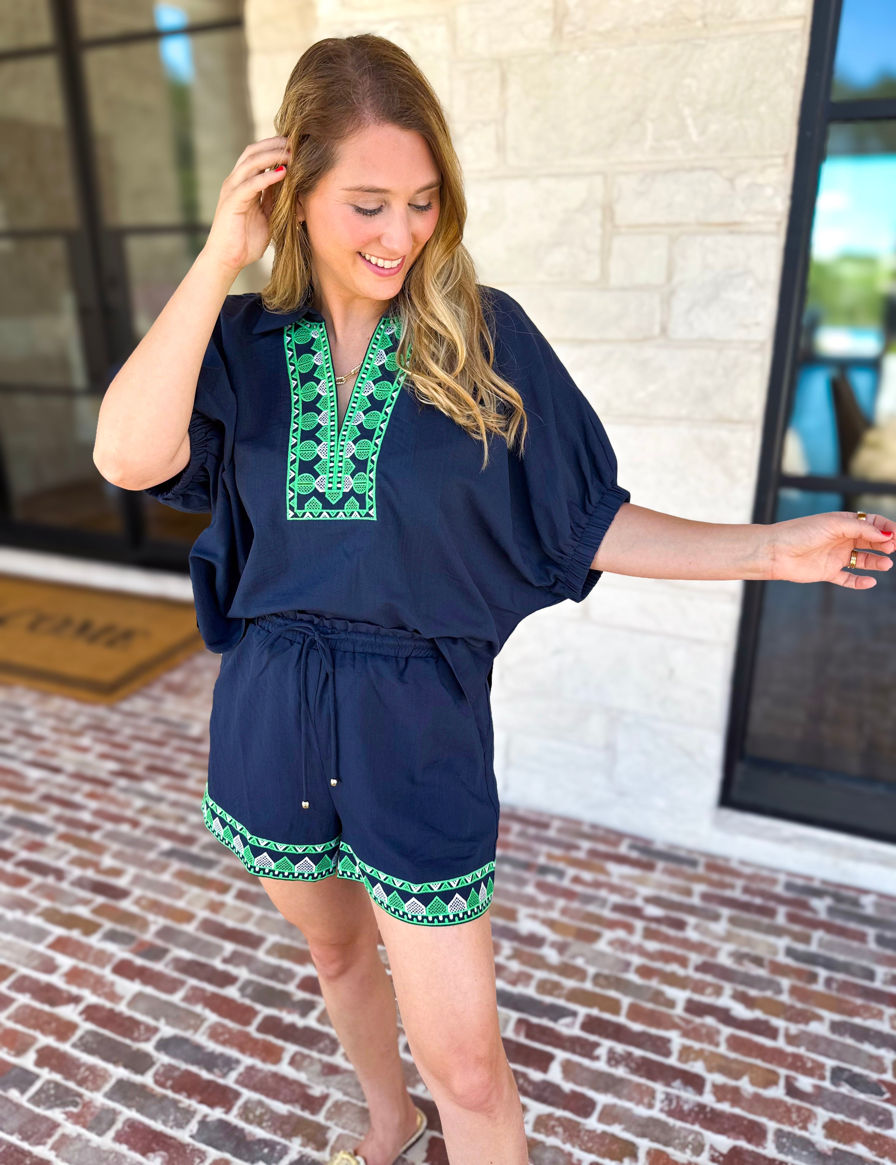 The Cabo Shorts Set - Navy/Green-510 Mini-ENTRO-July & June Women's Fashion Boutique Located in San Antonio, Texas