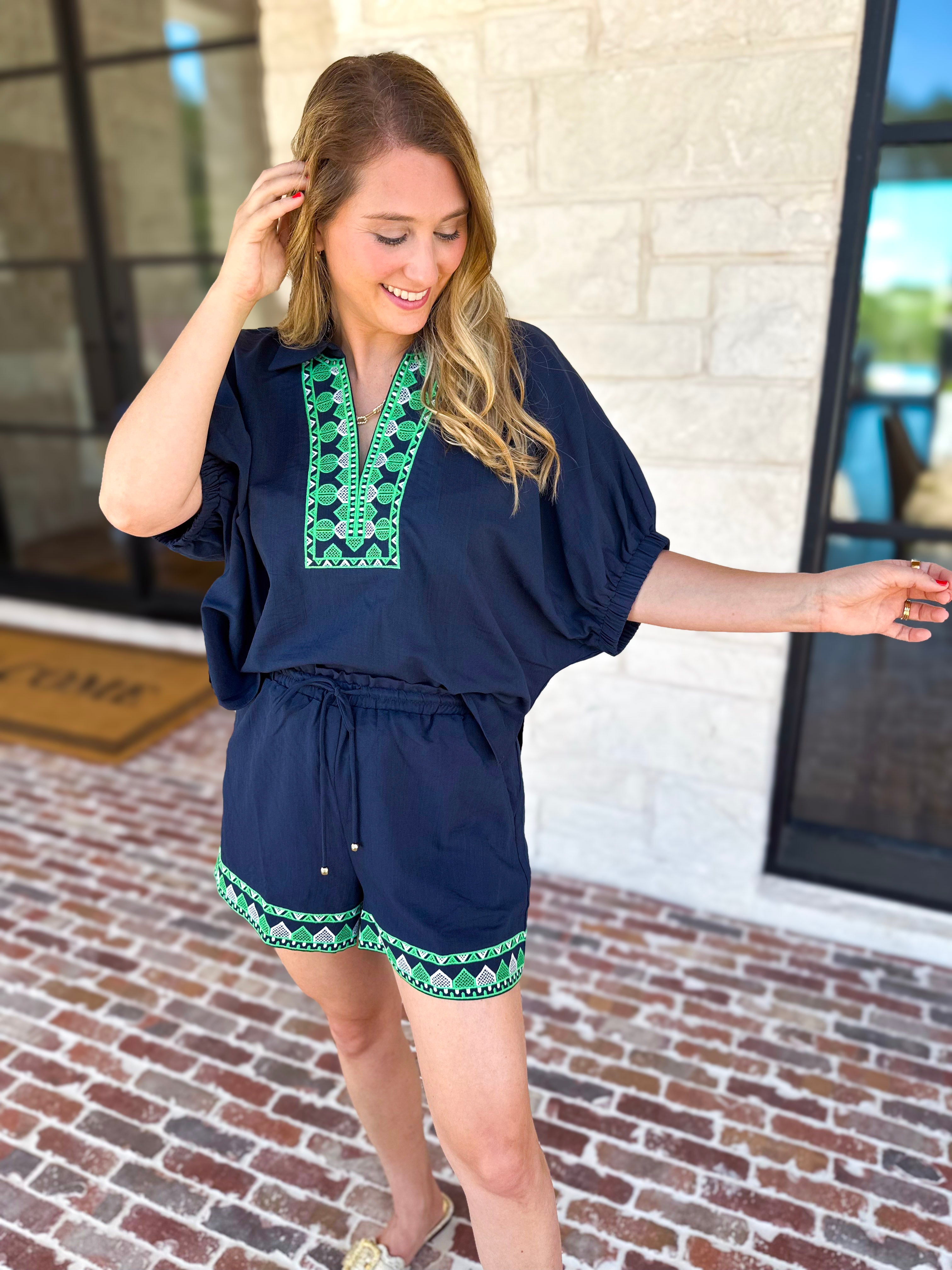 The Cabo Shorts Set - Navy/Green-510 Mini-ENTRO-July & June Women's Fashion Boutique Located in San Antonio, Texas