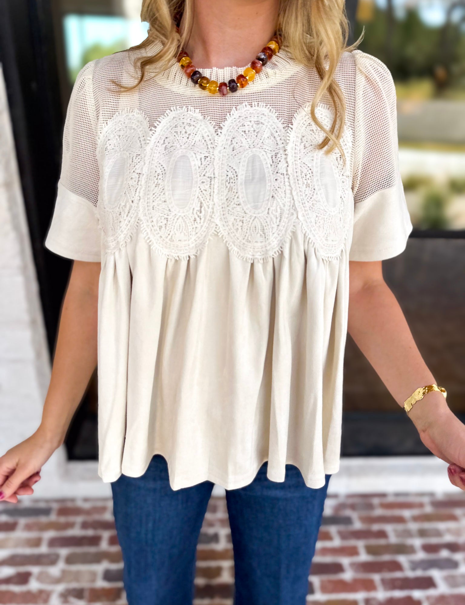 Lace Details Suede Blouse-200 Fashion Blouses-FATE-July & June Women's Fashion Boutique Located in San Antonio, Texas