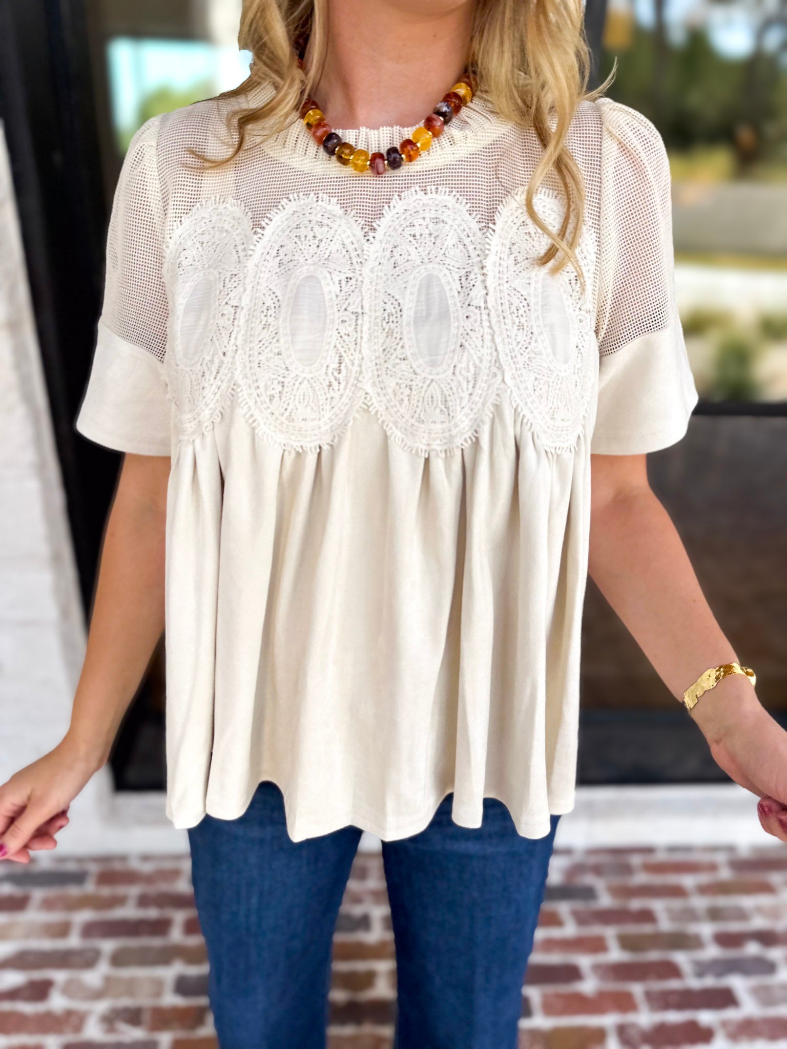 Lace Details Suede Blouse-200 Fashion Blouses-FATE-July & June Women's Fashion Boutique Located in San Antonio, Texas