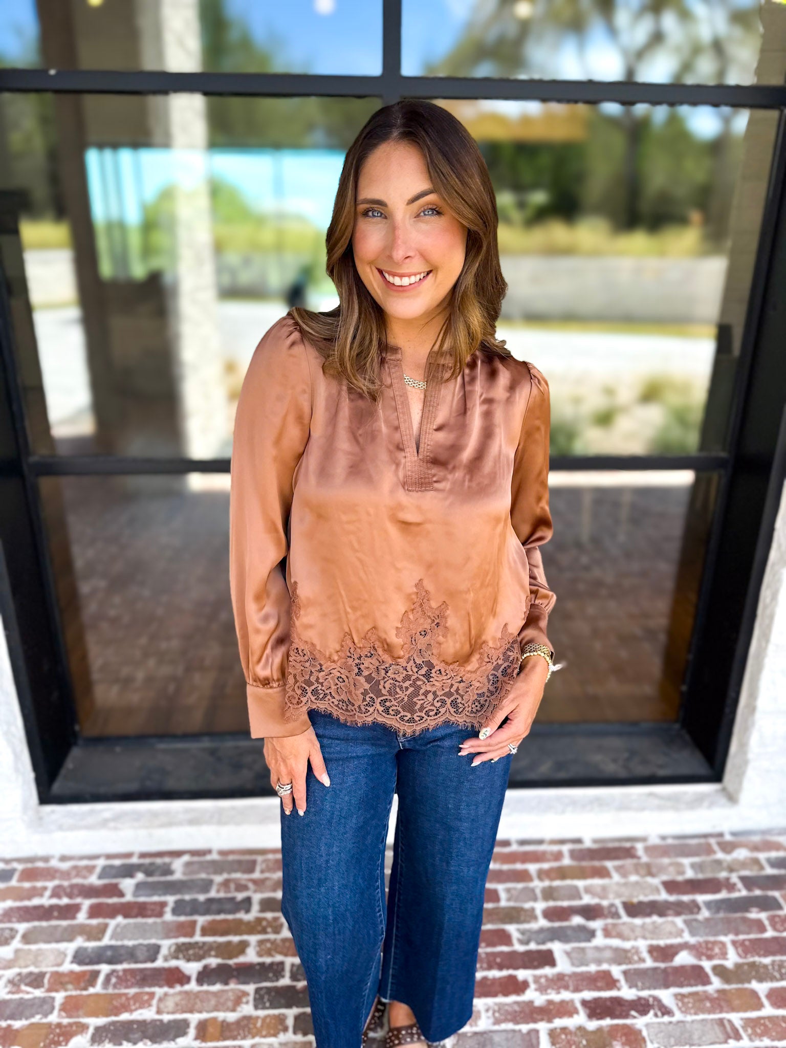 Current Air - Feminine Lace Details Blouse - Mocha-200 Fashion Blouses-CURRENT AIR CLOTHING-July & June Women's Fashion Boutique Located in San Antonio, Texas