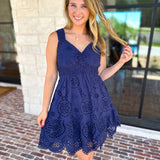 Navy Eyelet Mini Dress-510 Mini-SKIES ARE BLUE-July & June Women's Fashion Boutique Located in San Antonio, Texas