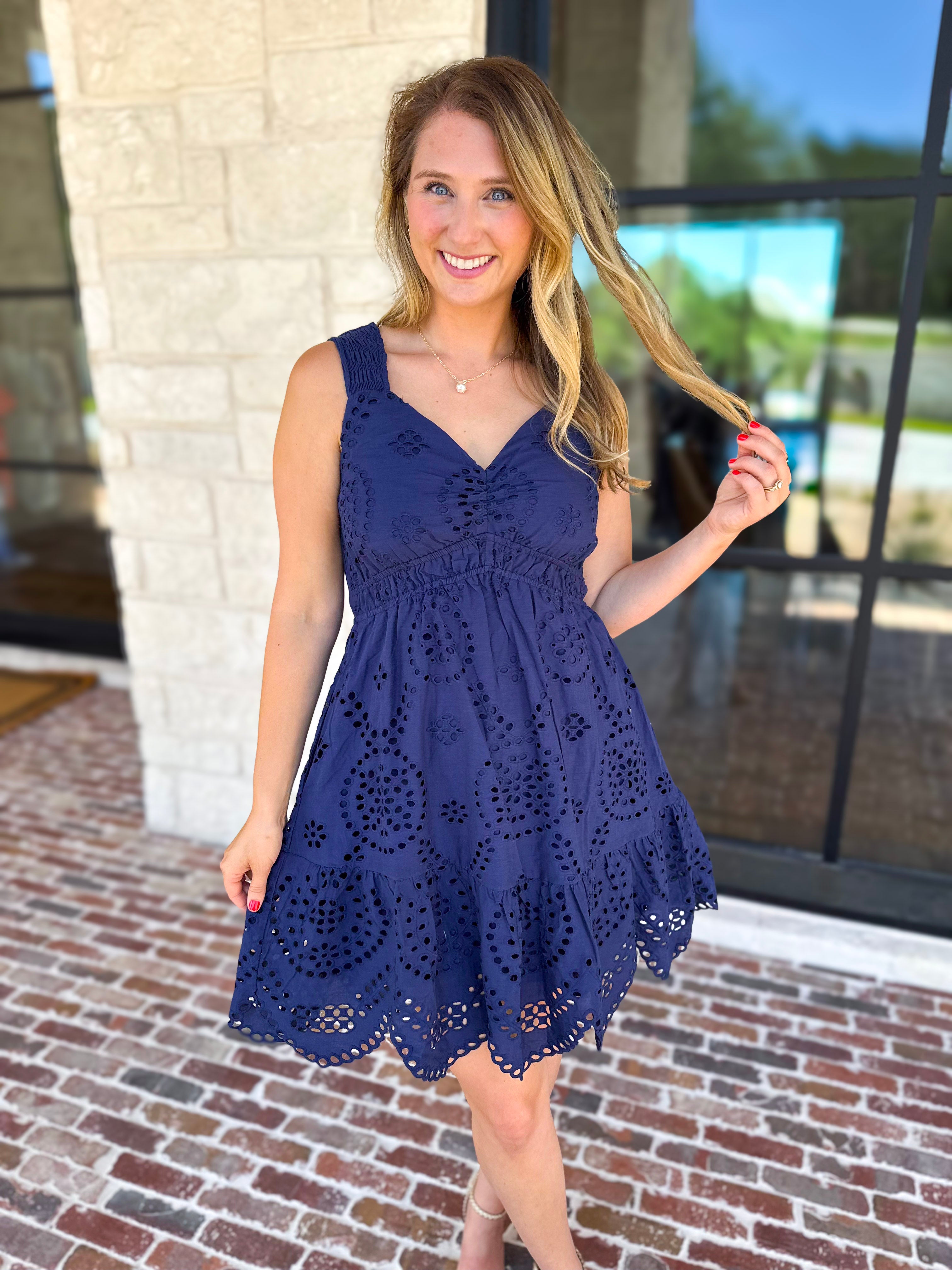 Navy Eyelet Mini Dress-510 Mini-SKIES ARE BLUE-July & June Women's Fashion Boutique Located in San Antonio, Texas