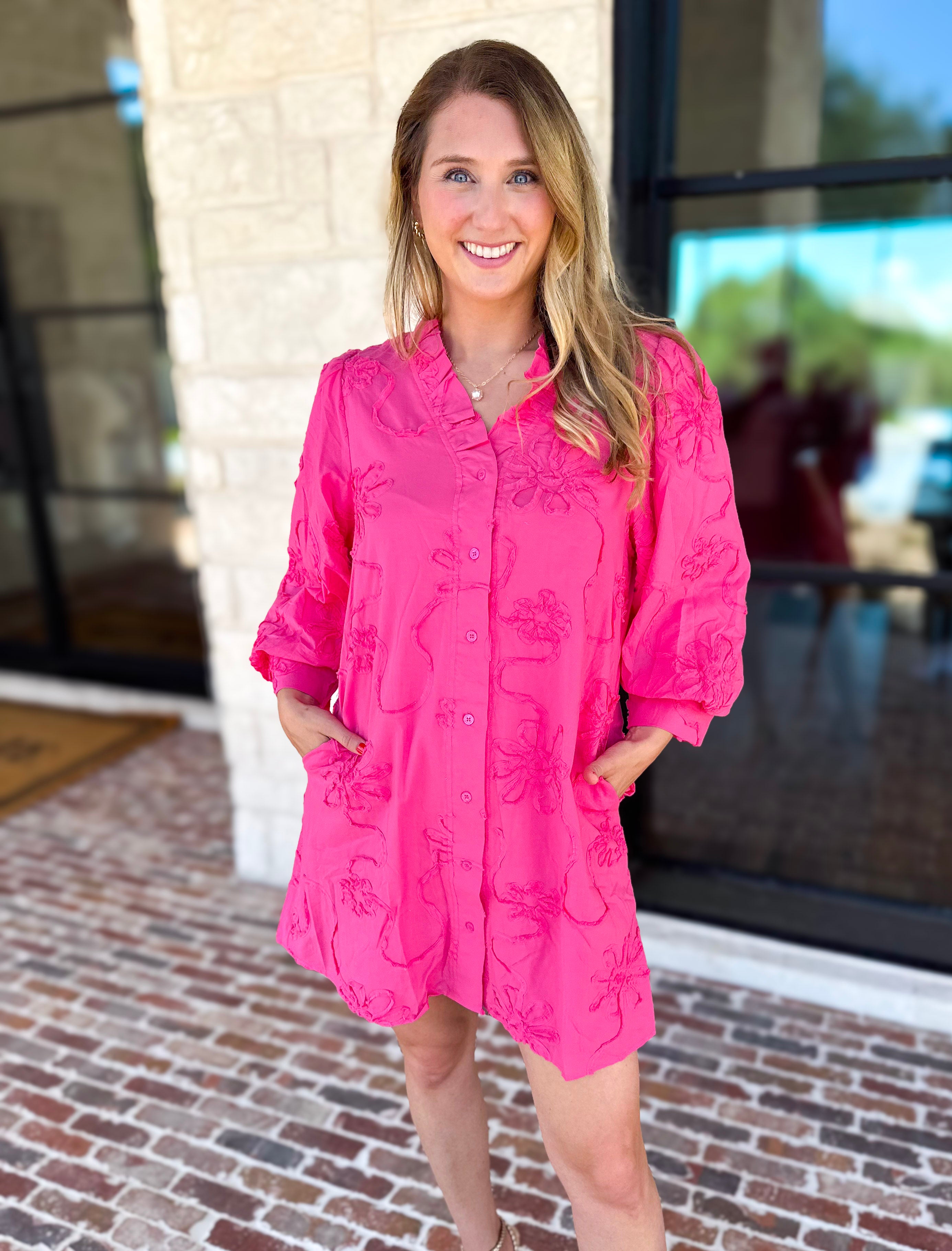 Hot Pink Floral Details Mini Dress-510 Mini-JODIFL-July & June Women's Fashion Boutique Located in San Antonio, Texas