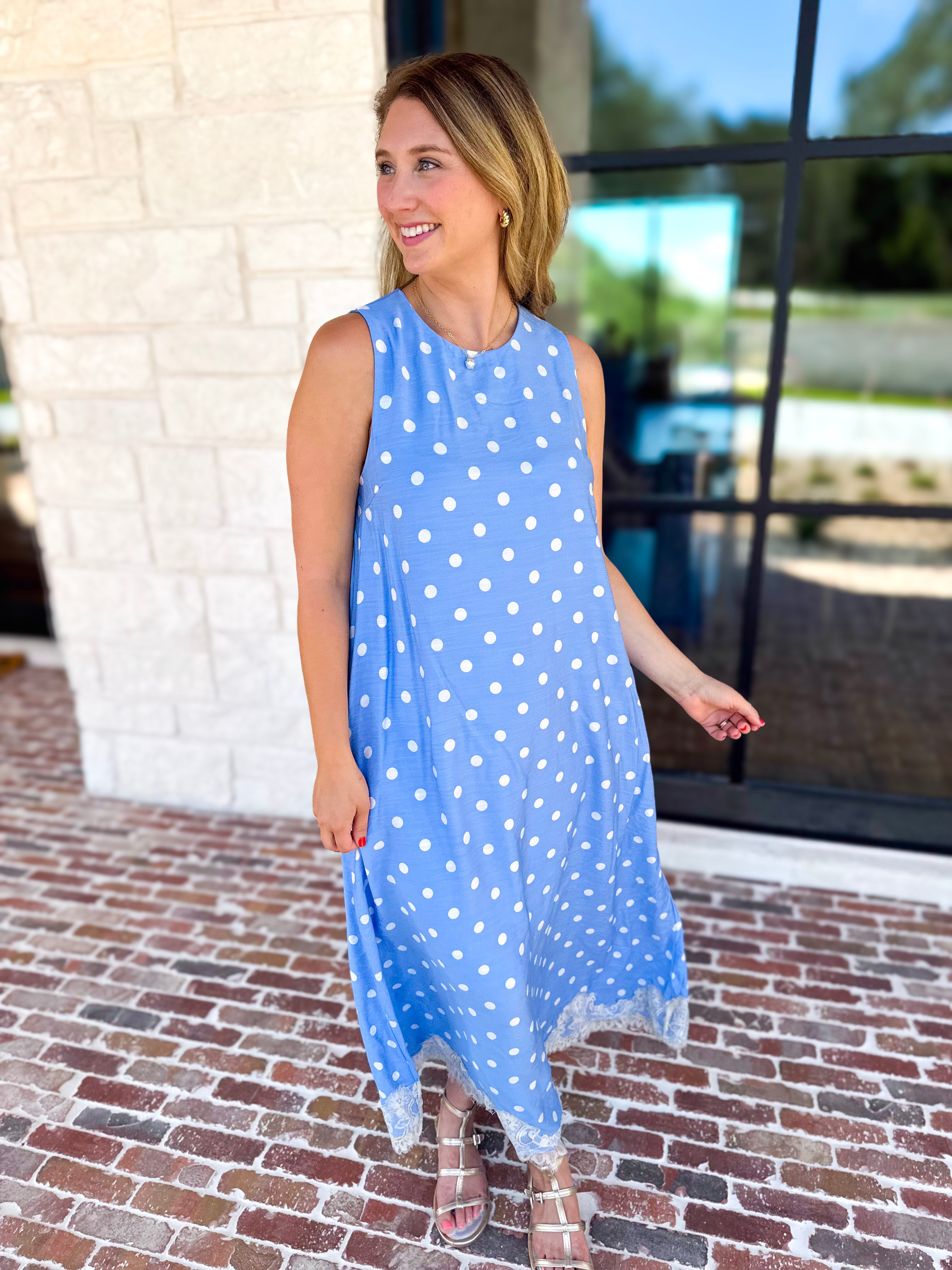 Effortless Polka Dot Midi Dress - Blue-500 Midi-ENTRO-July & June Women's Fashion Boutique Located in San Antonio, Texas