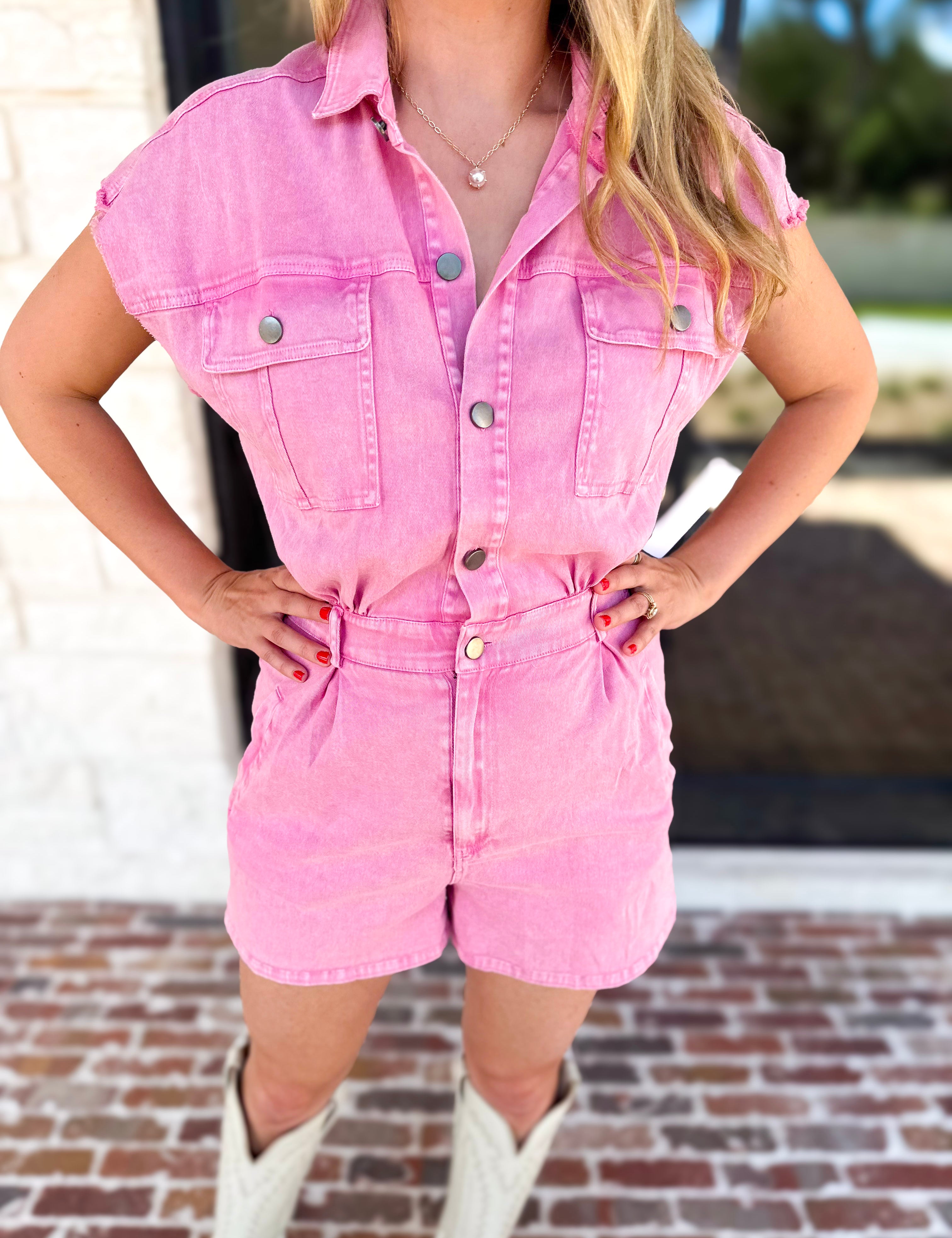 Casual Cool Utility Romper - Pink-510 Mini-FATE-July & June Women's Fashion Boutique Located in San Antonio, Texas