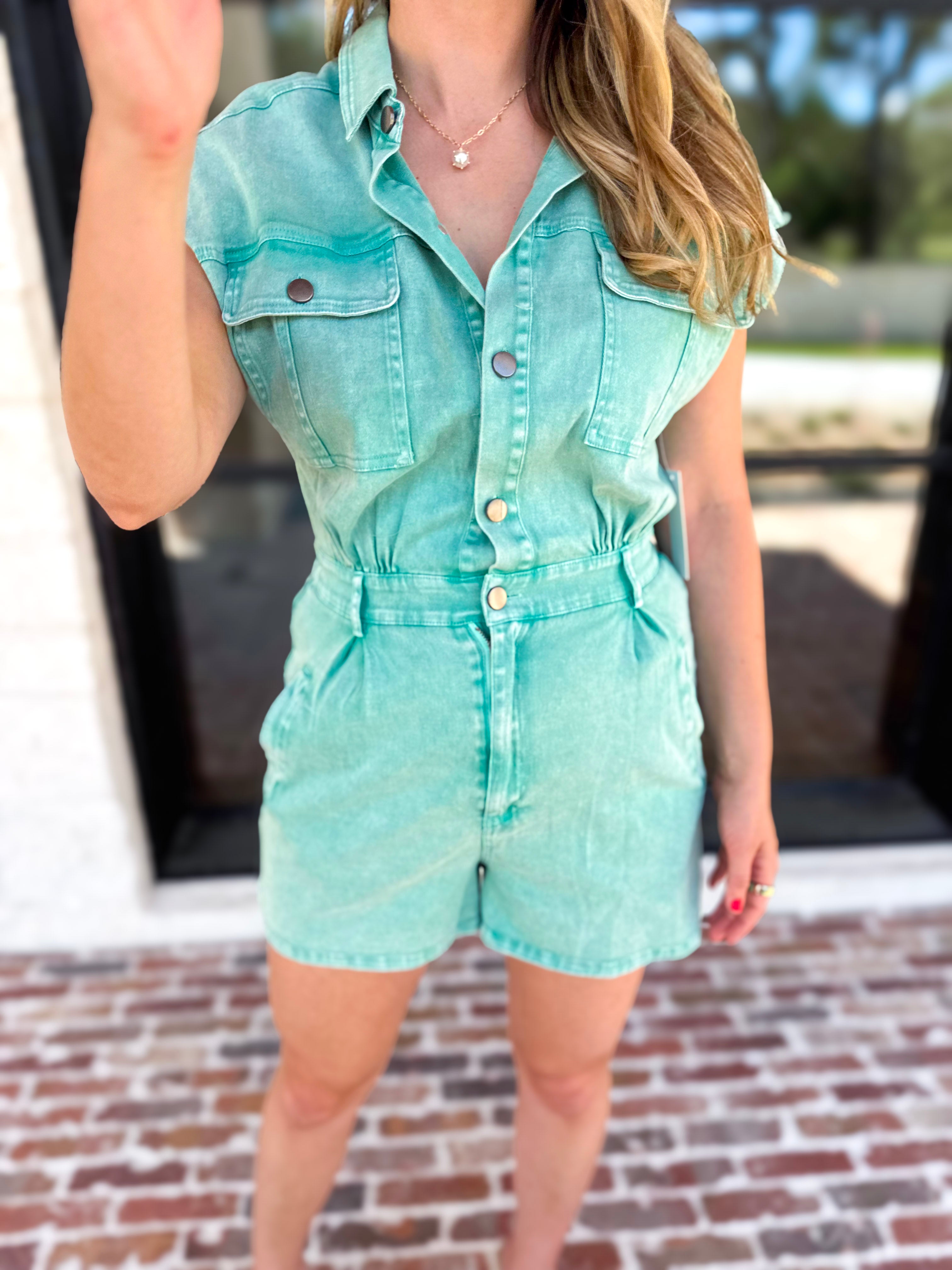Casual Cool Utility Romper - Sea Green-510 Mini-FATE-July & June Women's Fashion Boutique Located in San Antonio, Texas