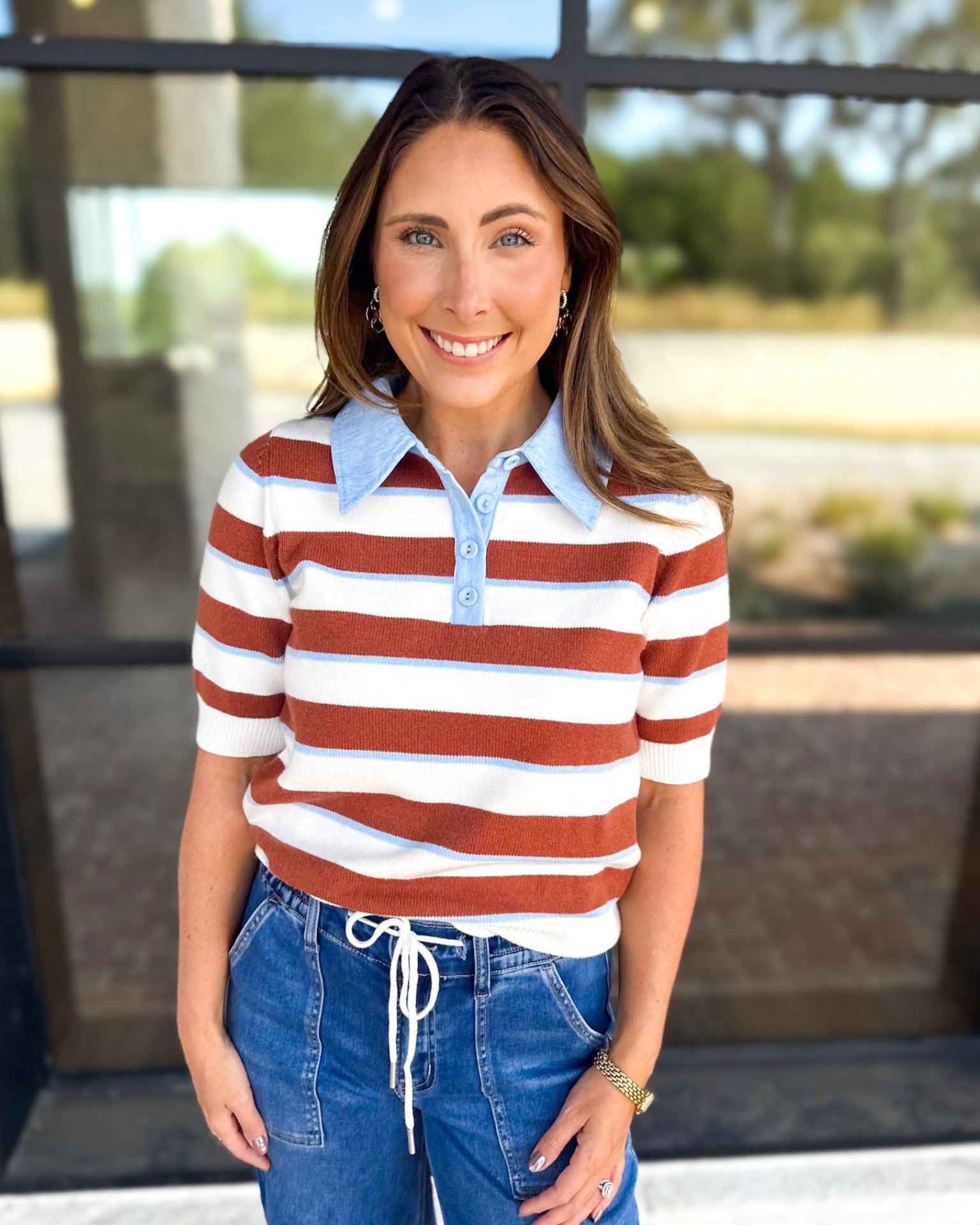 THML- Espresso & Sky Striped Knit Top-230 Sweaters/Cardis-THML-July & June Women's Fashion Boutique Located in San Antonio, Texas