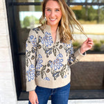 Current Air - Barley & Blue Floral Half Zip Sweater-230 Sweaters/Cardis-CURRENT AIR CLOTHING-July & June Women's Fashion Boutique Located in San Antonio, Texas
