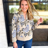 Current Air - Barley & Blue Floral Half Zip Sweater-230 Sweaters/Cardis-CURRENT AIR CLOTHING-July & June Women's Fashion Boutique Located in San Antonio, Texas