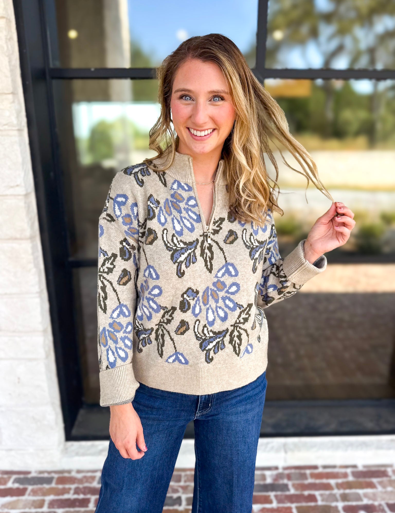 Current Air - Barley & Blue Floral Half Zip Sweater-230 Sweaters/Cardis-CURRENT AIR CLOTHING-July & June Women's Fashion Boutique Located in San Antonio, Texas