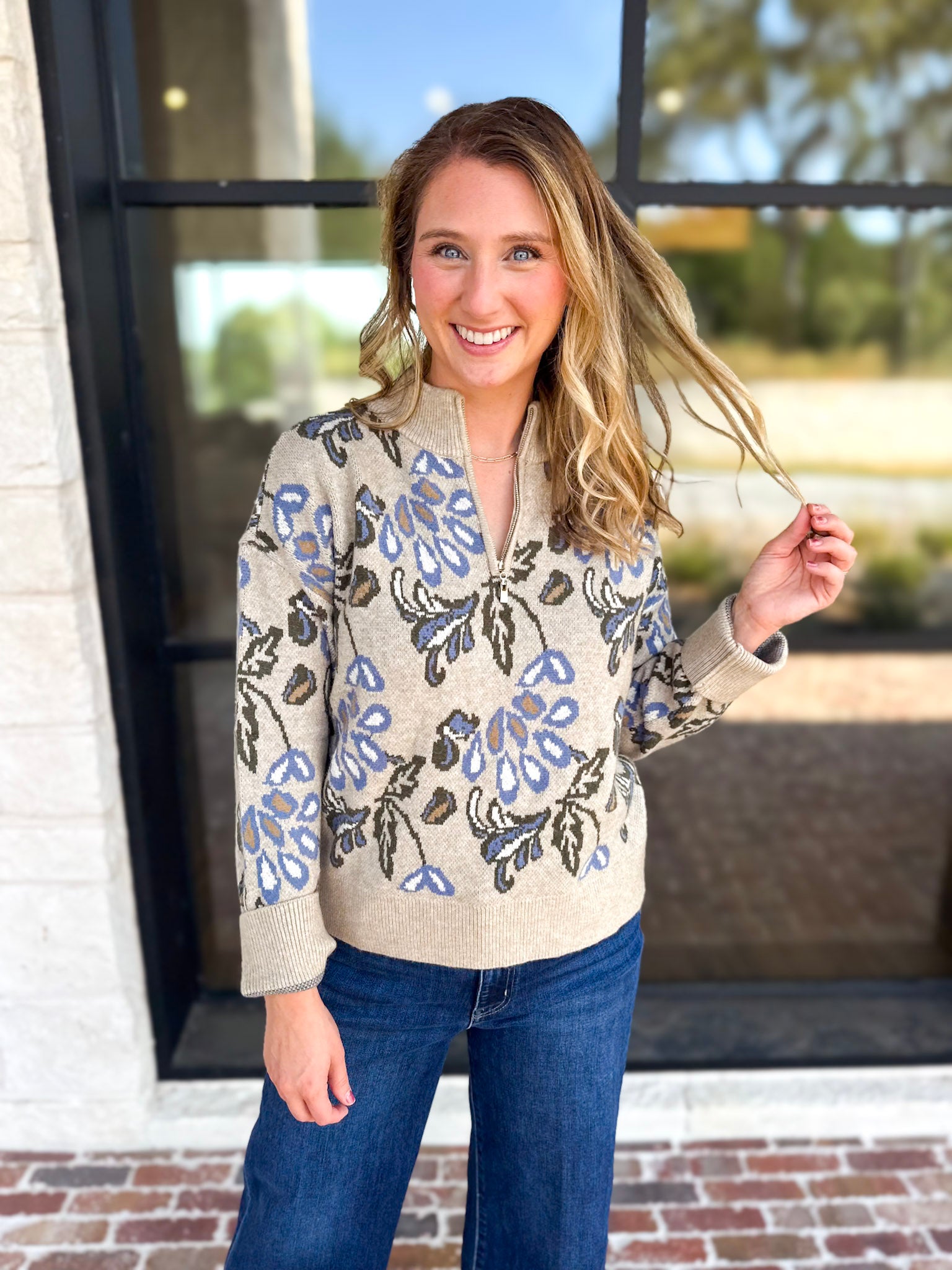Current Air - Barley & Blue Floral Half Zip Sweater-230 Sweaters/Cardis-CURRENT AIR CLOTHING-July & June Women's Fashion Boutique Located in San Antonio, Texas