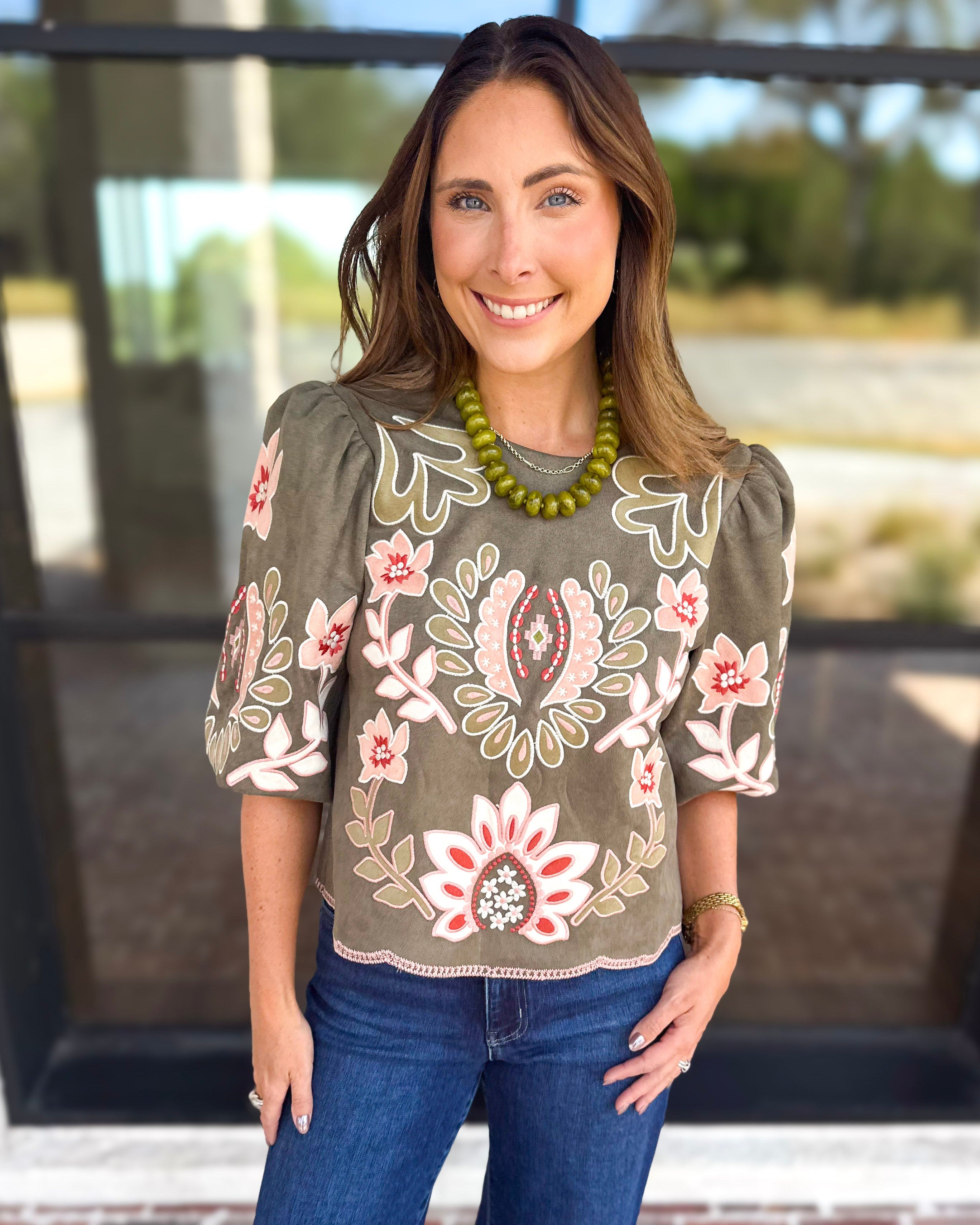 THML- Olive & Blush Suede Embroidered Blouse-200 Fashion Blouses-THML-July & June Women's Fashion Boutique Located in San Antonio, Texas