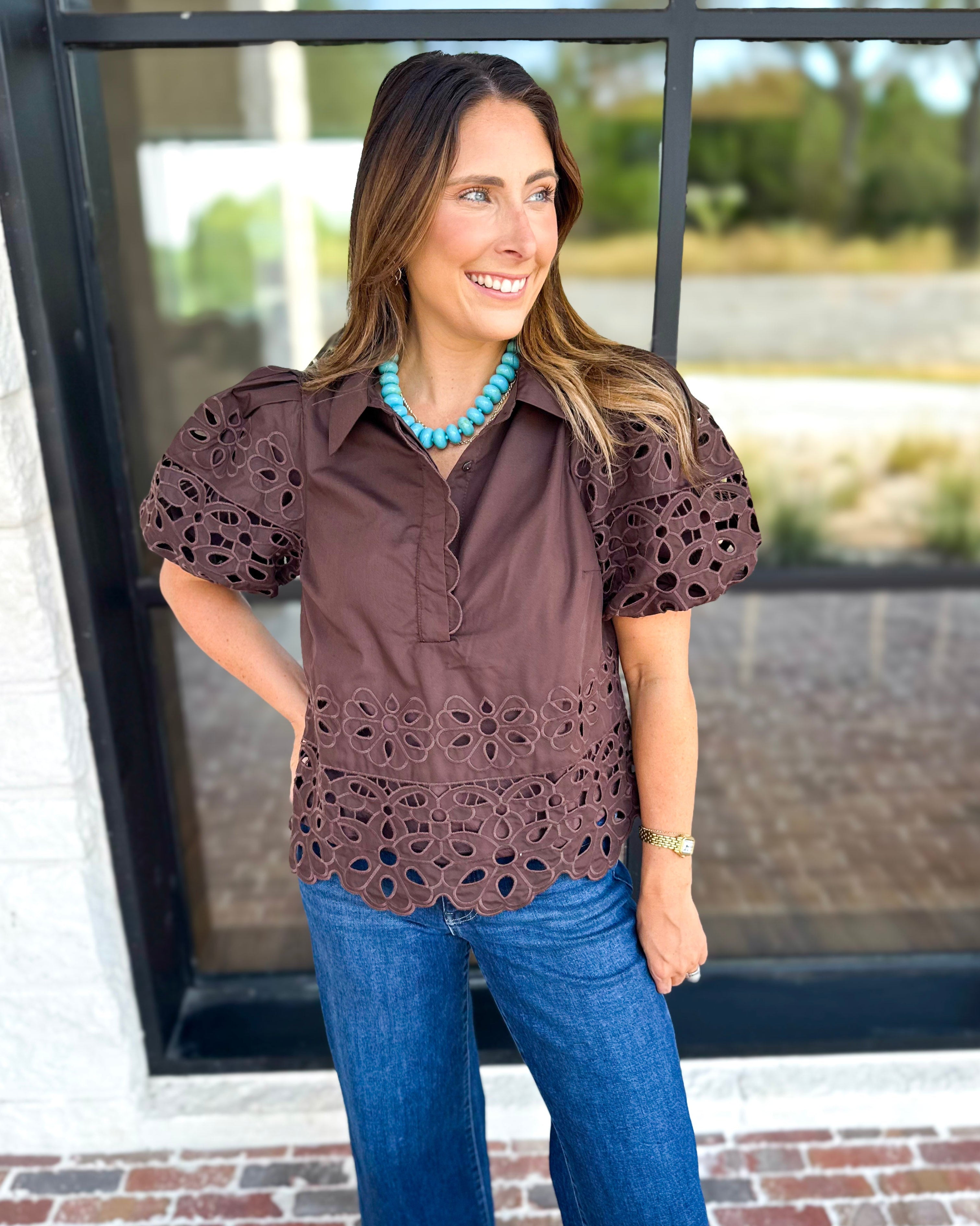 Refined Eyelet Blouse - Dark Chocolate-200 Fashion Blouses-ENTRO-July & June Women's Fashion Boutique Located in San Antonio, Texas
