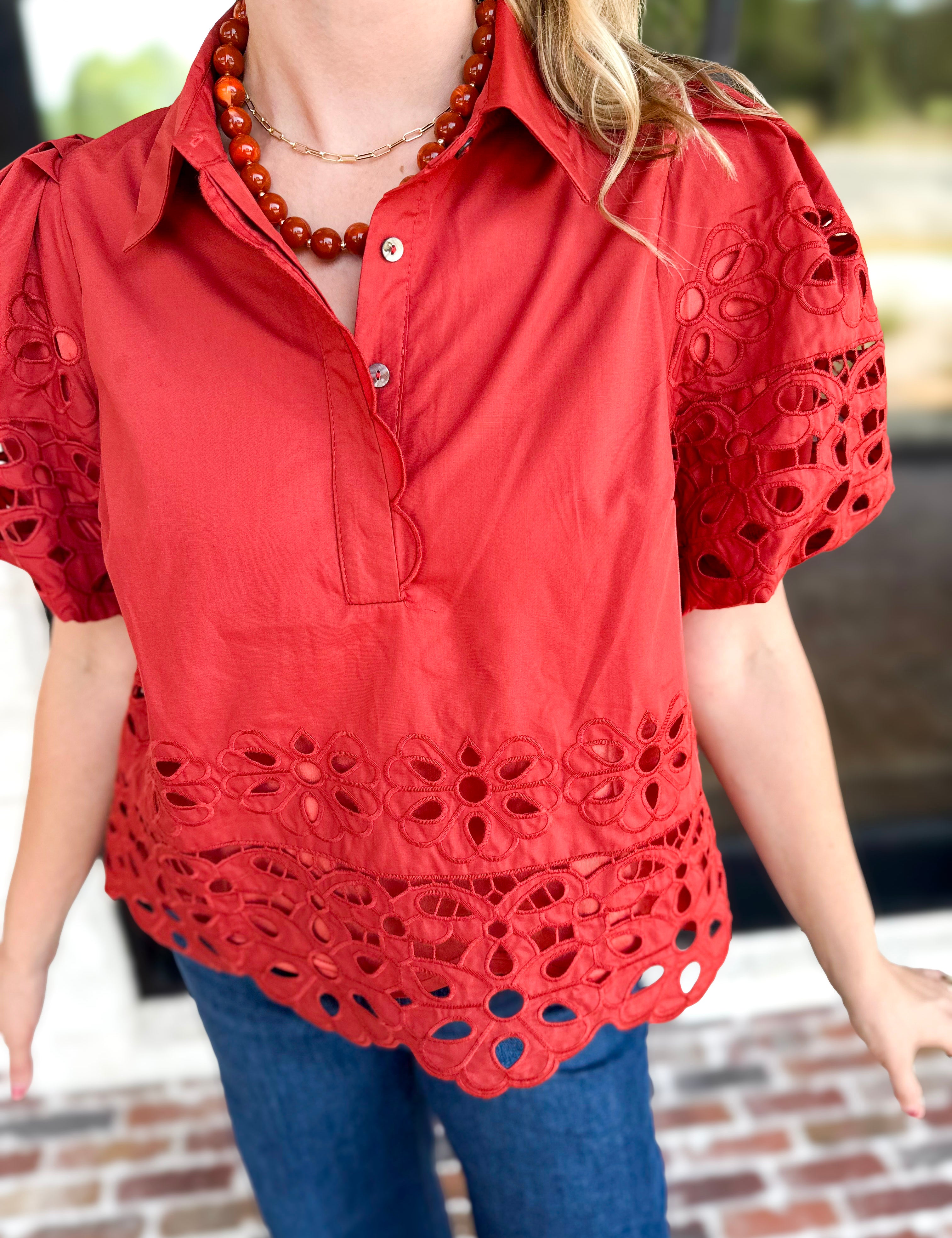 Refined Eyelet Blouse - Spice-200 Fashion Blouses-ENTRO-July & June Women's Fashion Boutique Located in San Antonio, Texas