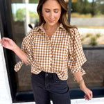 Gingham Scalloped Blouse - Camel-200 Fashion Blouses-ENTRO-July & June Women's Fashion Boutique Located in San Antonio, Texas