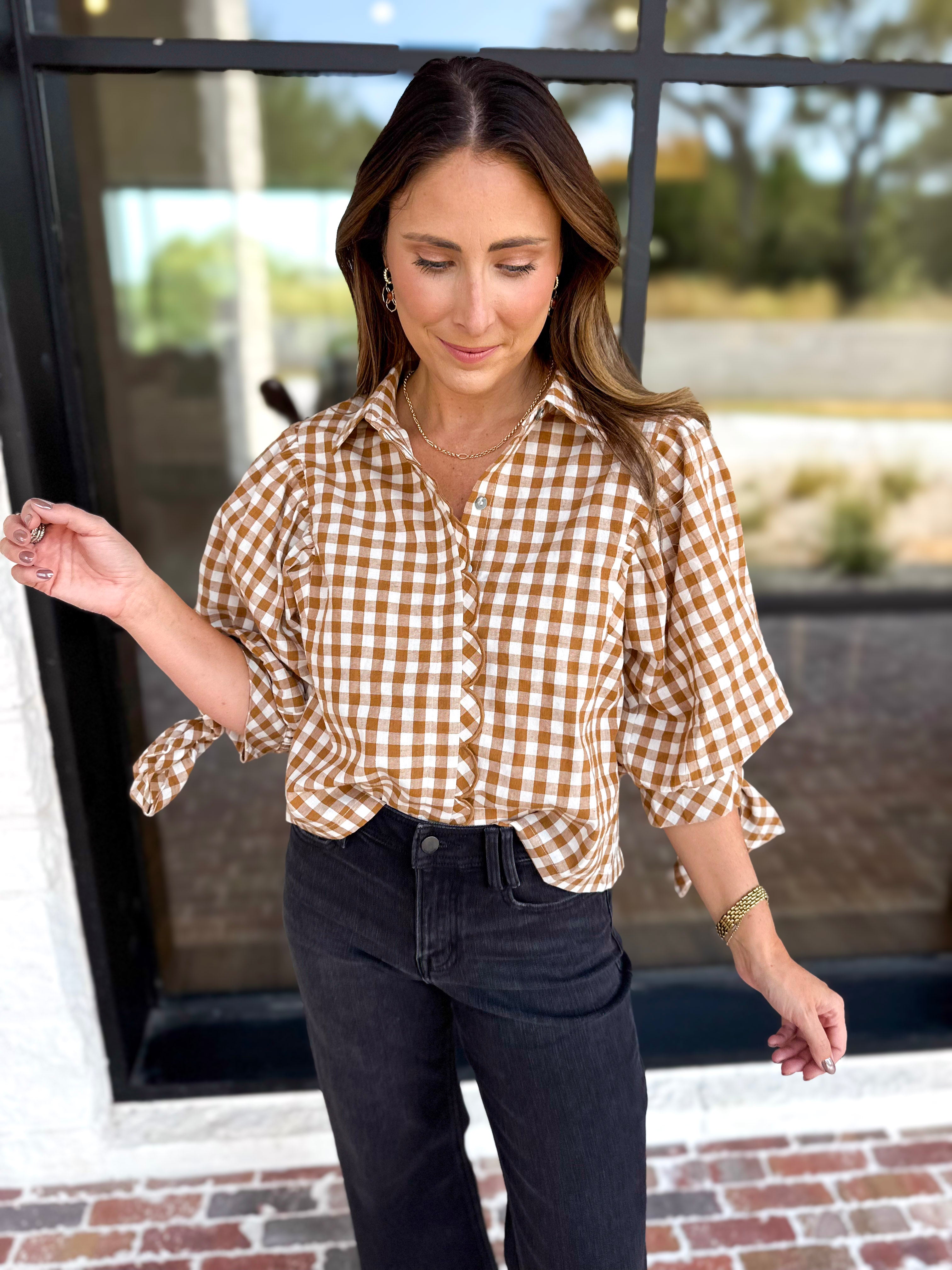 Gingham Scalloped Blouse - Camel-200 Fashion Blouses-ENTRO-July & June Women's Fashion Boutique Located in San Antonio, Texas