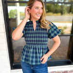 Pine Plaid Blouse-200 Fashion Blouses-ENTRO-July & June Women's Fashion Boutique Located in San Antonio, Texas