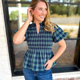 Pine Plaid Blouse-200 Fashion Blouses-ENTRO-July & June Women's Fashion Boutique Located in San Antonio, Texas
