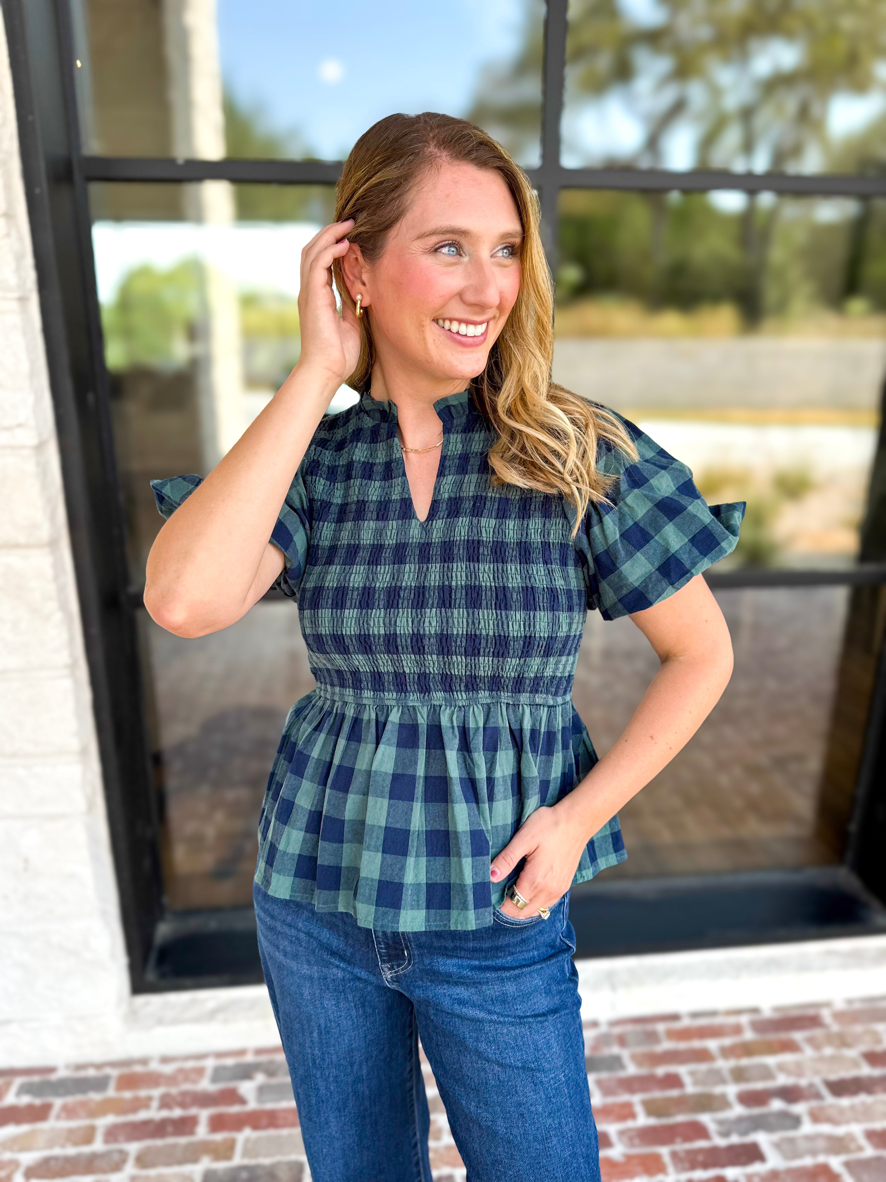 Pine Plaid Blouse-200 Fashion Blouses-ENTRO-July & June Women's Fashion Boutique Located in San Antonio, Texas