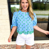 Polka Dot Chic Blouse - Green & Blue-200 Fashion Blouses-ENTRO-July & June Women's Fashion Boutique Located in San Antonio, Texas
