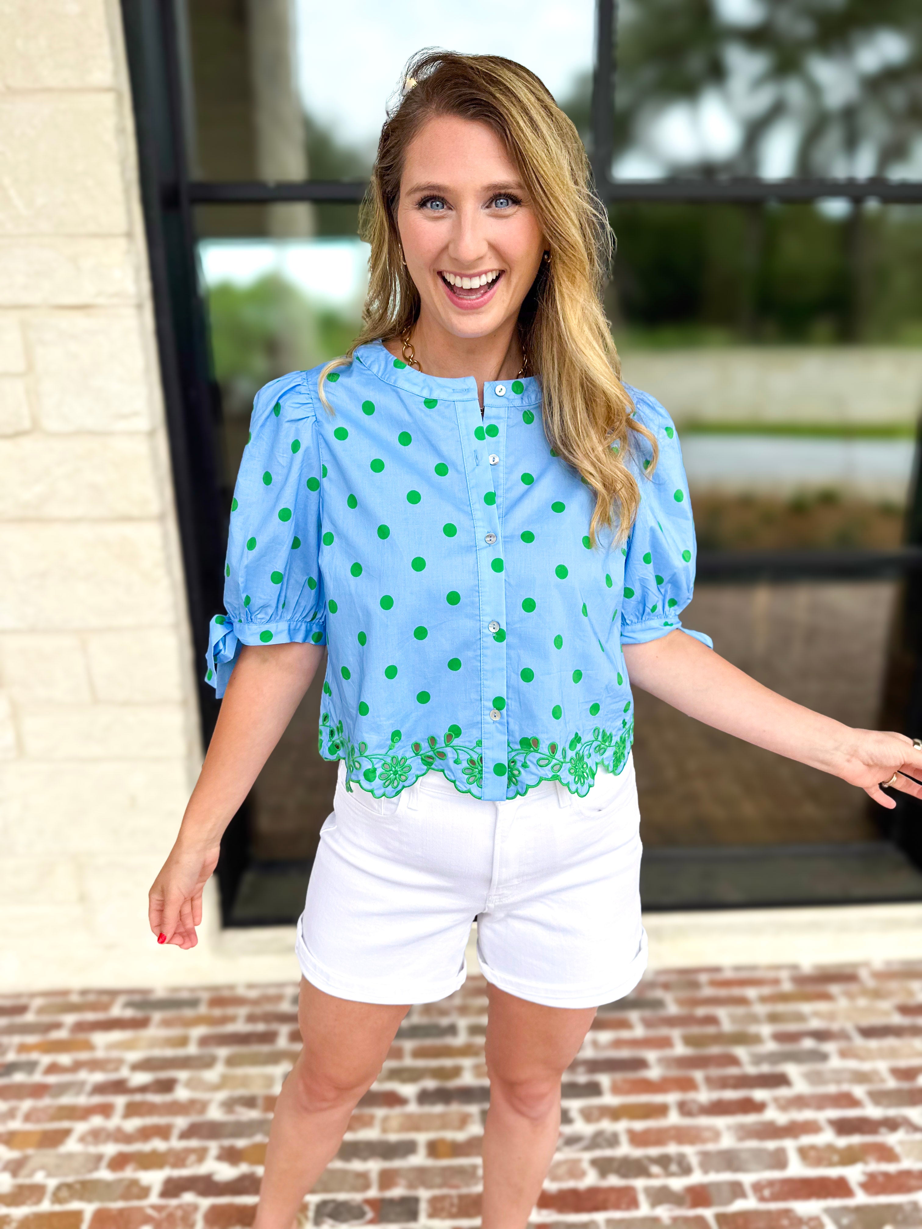 Polka Dot Chic Blouse - Green & Blue-200 Fashion Blouses-ENTRO-July & June Women's Fashion Boutique Located in San Antonio, Texas