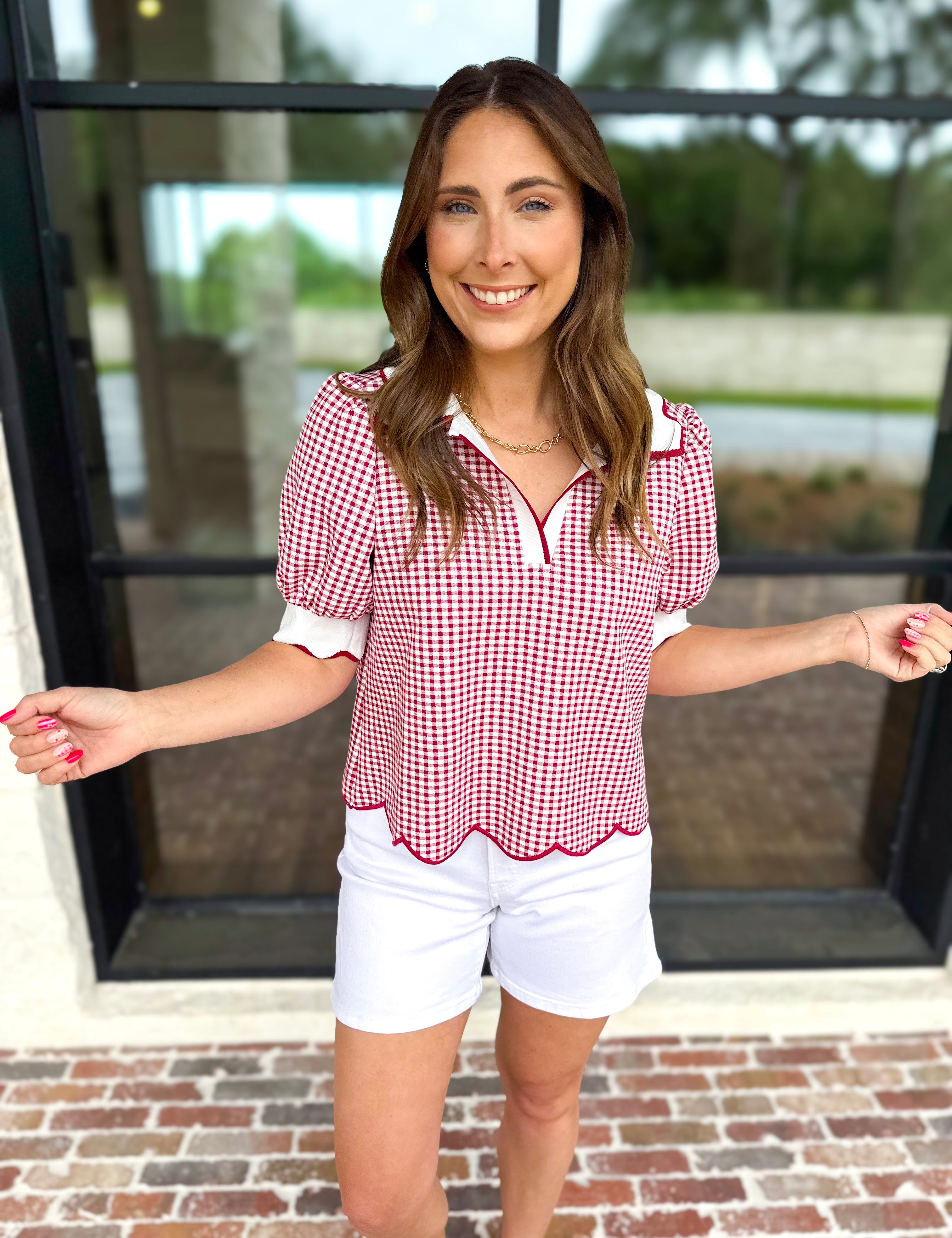 Summer Escape Gingham Blouse - Red-200 Fashion Blouses-ENTRO-July & June Women's Fashion Boutique Located in San Antonio, Texas