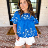 THML - The Riverwalk Embroidered Blouse - Blue-200 Fashion Blouses-THML-July & June Women's Fashion Boutique Located in San Antonio, Texas
