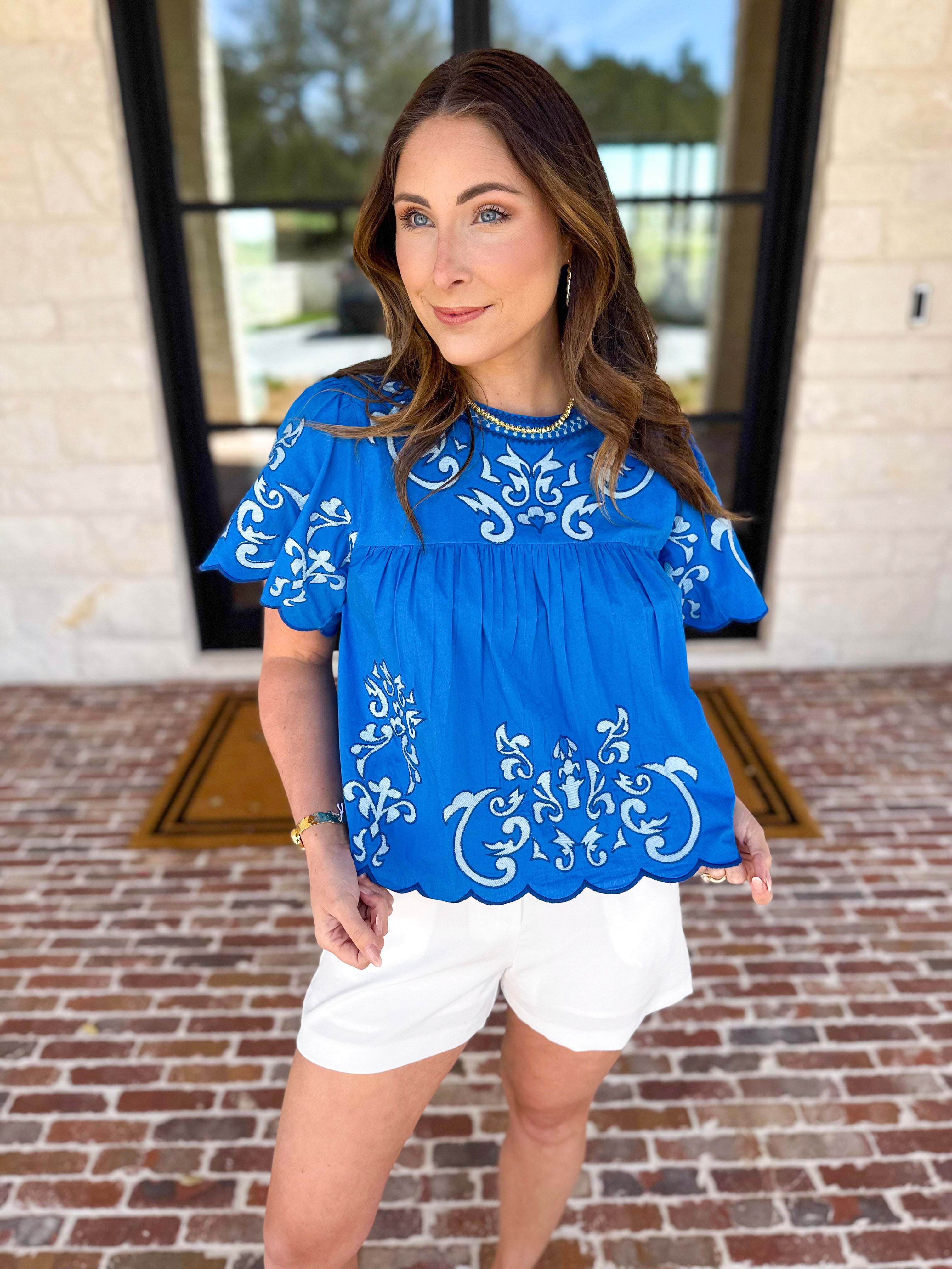 THML - The Riverwalk Embroidered Blouse - Blue-200 Fashion Blouses-THML-July & June Women's Fashion Boutique Located in San Antonio, Texas