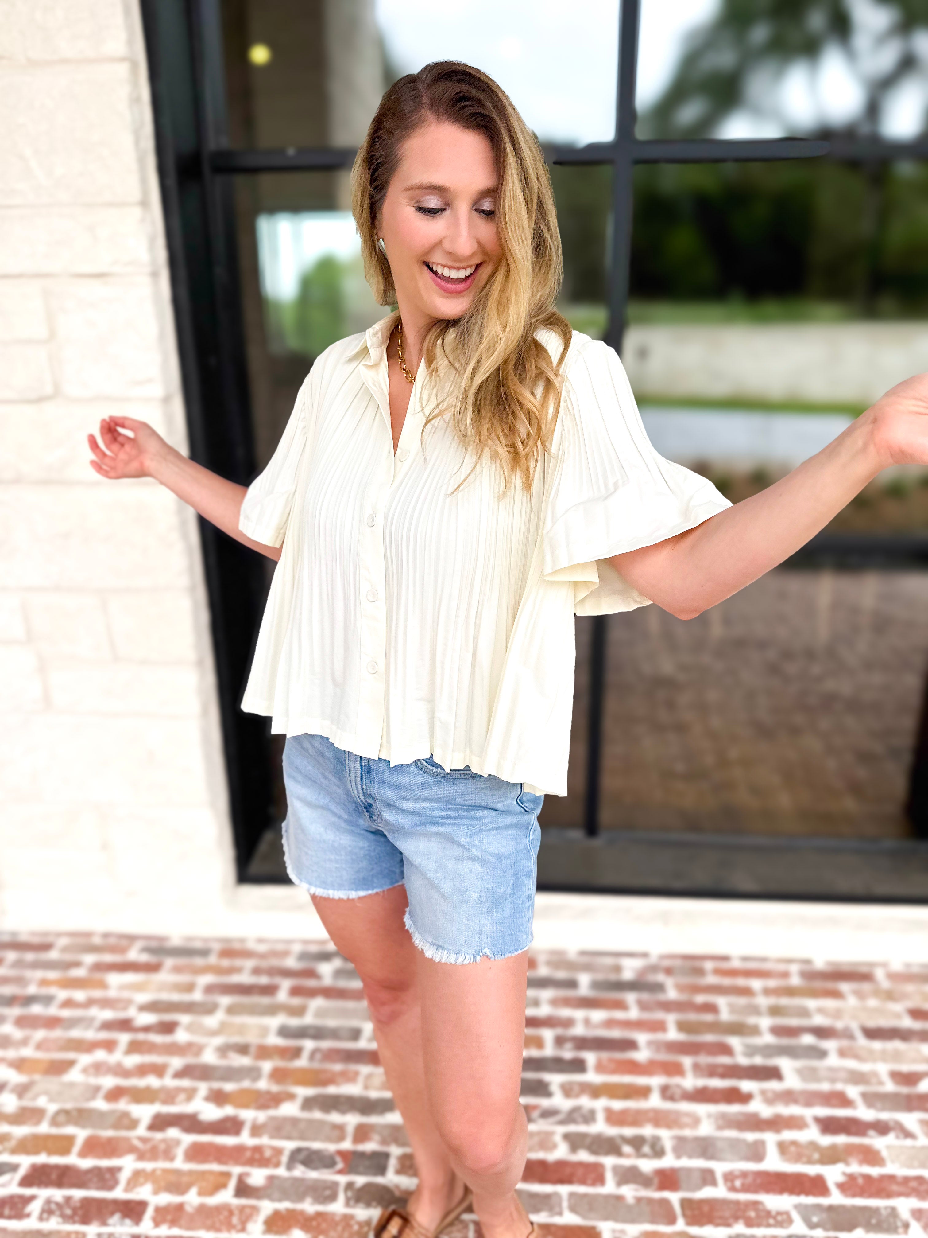Current Air - Pleated Button Down Blouse - Cream-200 Fashion Blouses-CURRENT AIR CLOTHING-July & June Women's Fashion Boutique Located in San Antonio, Texas