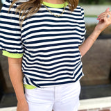 Navy & Lime Stripe Tee-210 Casual Blouses-JODIFL-July & June Women's Fashion Boutique Located in San Antonio, Texas