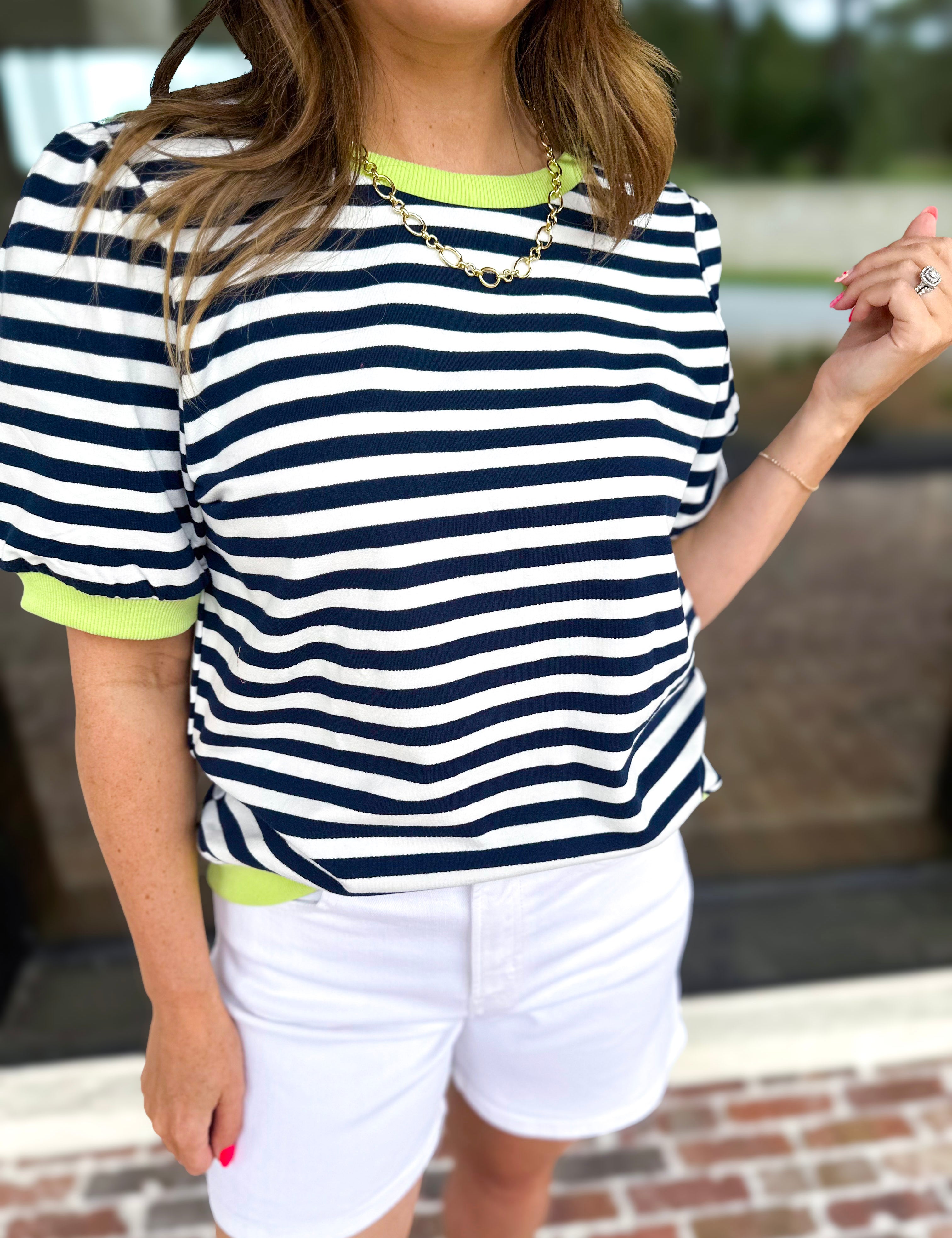 Navy & Lime Stripe Tee-210 Casual Blouses-JODIFL-July & June Women's Fashion Boutique Located in San Antonio, Texas